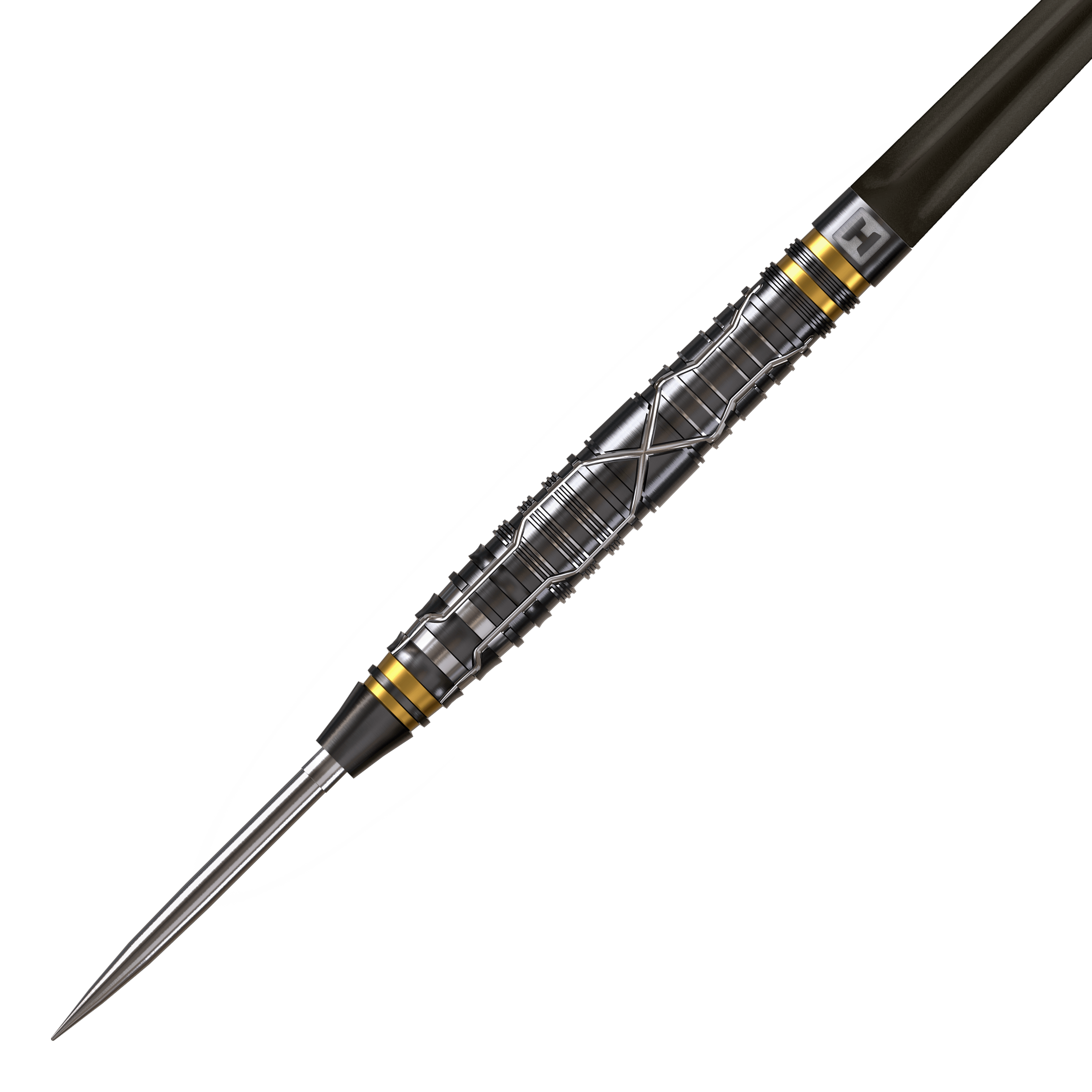 Ein Steeldart ist im Profil gezeigt. Die Spitze und der Schaft sind gut sichtbar.