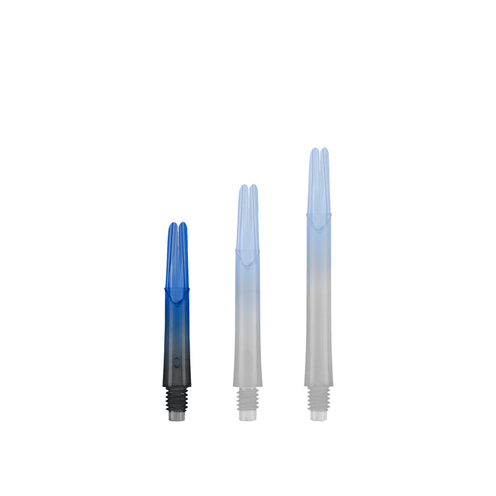L-L-Style-Shaft Bloccato Dritto Natural9 TwoTone Shafts - Blu Das Bild zeigt drei unterschiedlich lange Dartschäfte in Blau und Schwarz. Sie stehen nebeneinander und haben ein gerades Design ohne Kappen.