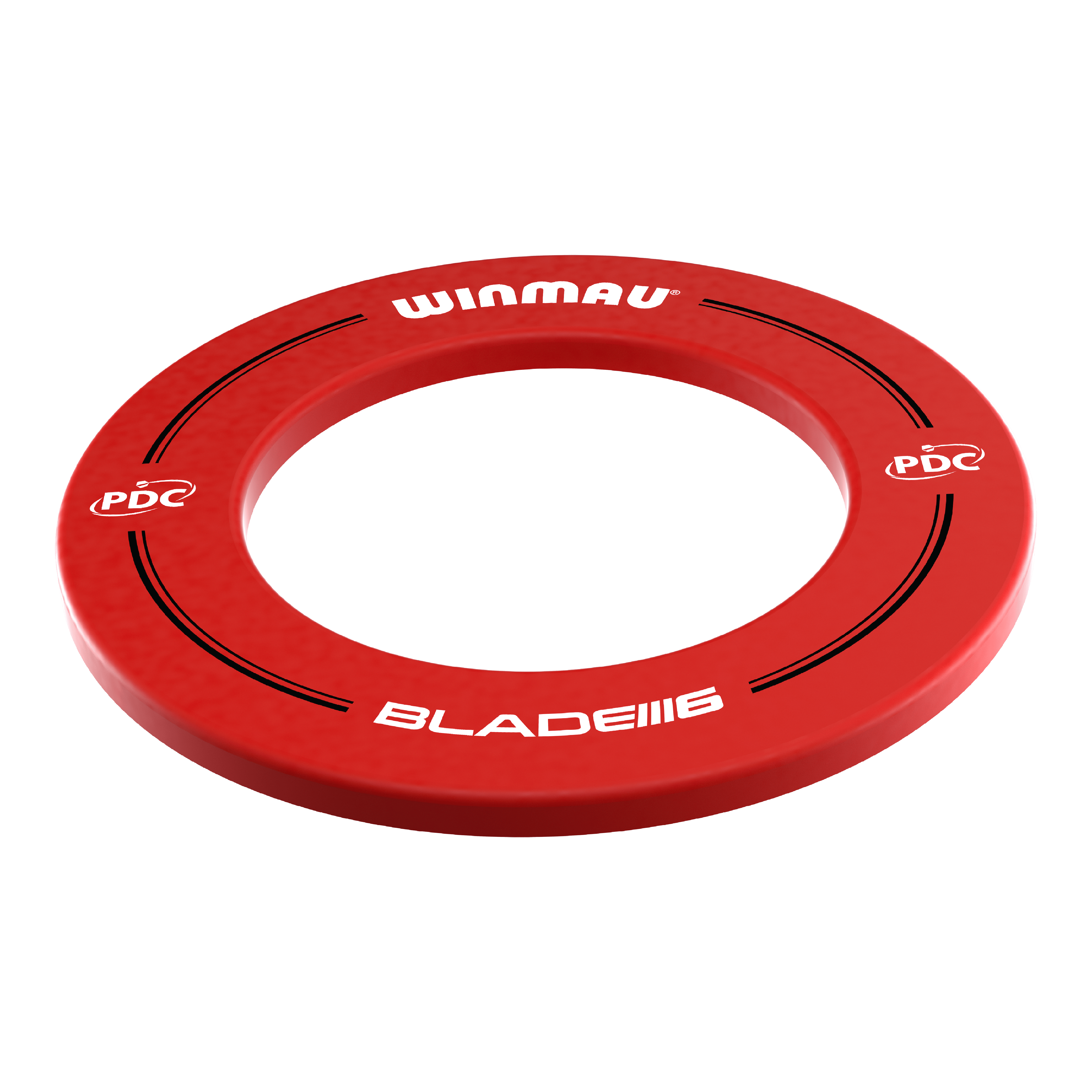 Winmau PDC Dartboard Surround - Rosso Das Bild zeigt einen roten Dartboard-Surround der Marke Winmau. Auf dem Surround stehen die Aufschriften „WINMAU“, „PDC“ und „BLADE 6“.