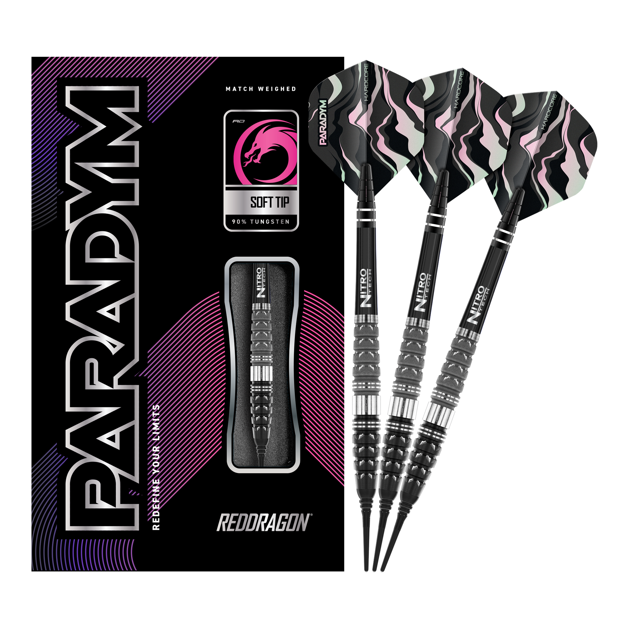 Freccette morbide Red Dragon Paradym Torpedo - 20 g Auf dem Bild sind die Red Dragon Paradym Torpedo Softdarts mit 20 Gramm Gewicht zu sehen. Die Verpackung und drei Darts mit schwarz-silbernen Spitzen und auffälligen Flights sind abgebildet.