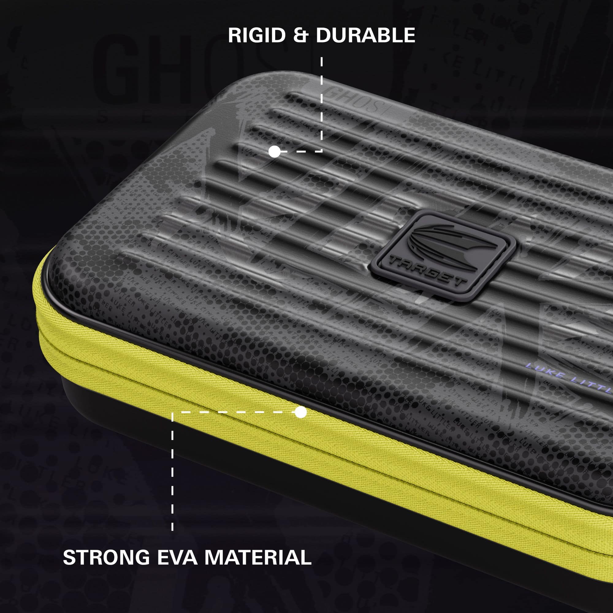 Custodia per freccette Takoma XL Ghost Series Luke Littler Das Bild zeigt das Takoma XL Ghost Series Luke Littler Dartcase. Es handelt sich um ein Etui zum sicheren Transport von Darts.