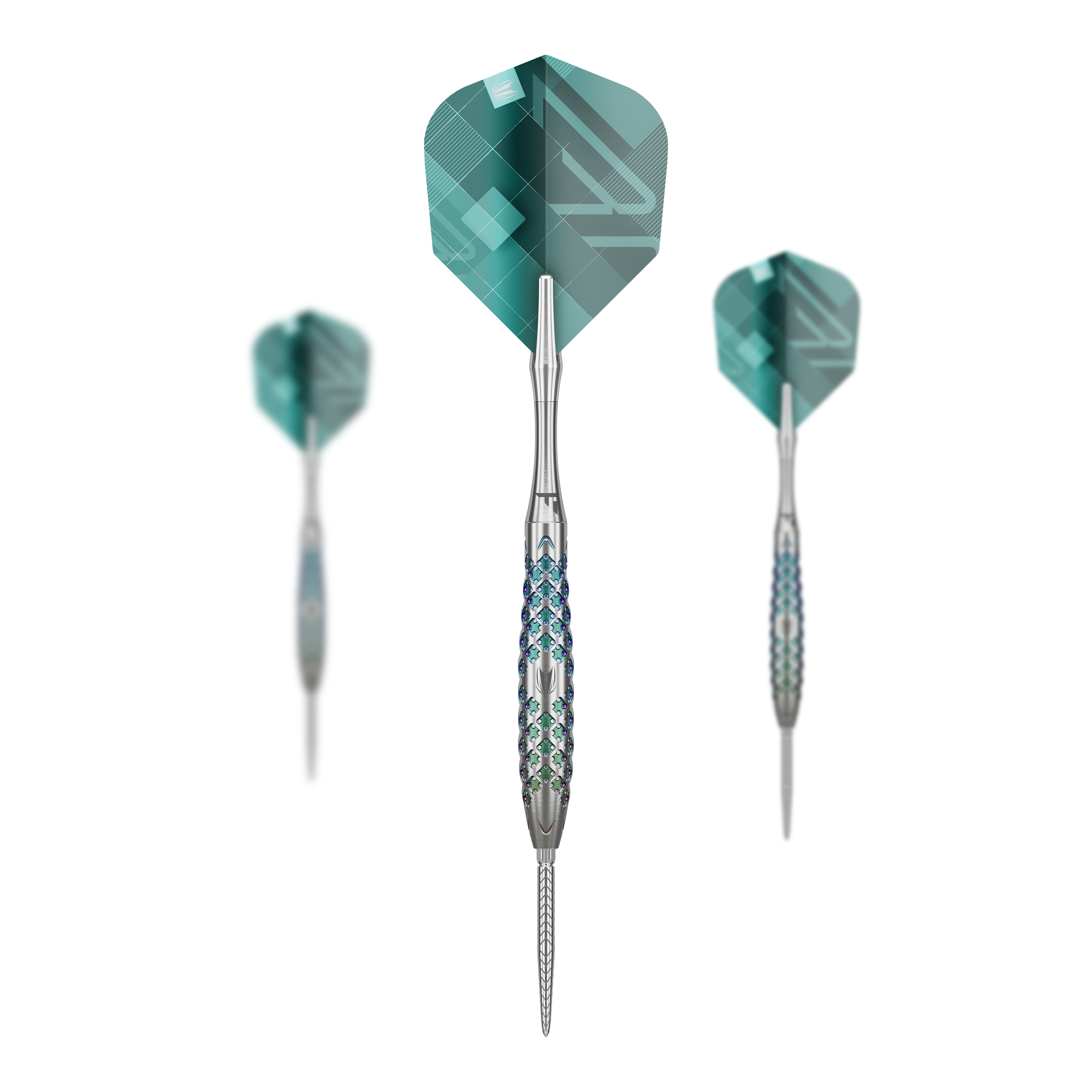 Freccette in acciaio Target Rove 02 Swiss Point Das Bild zeigt drei Steeldarts des Modells "Target Rove 02 Swiss Point". Die Darts haben silberne Barrels mit blauen Akzenten und grüne Flights mit geometrischem Muster.