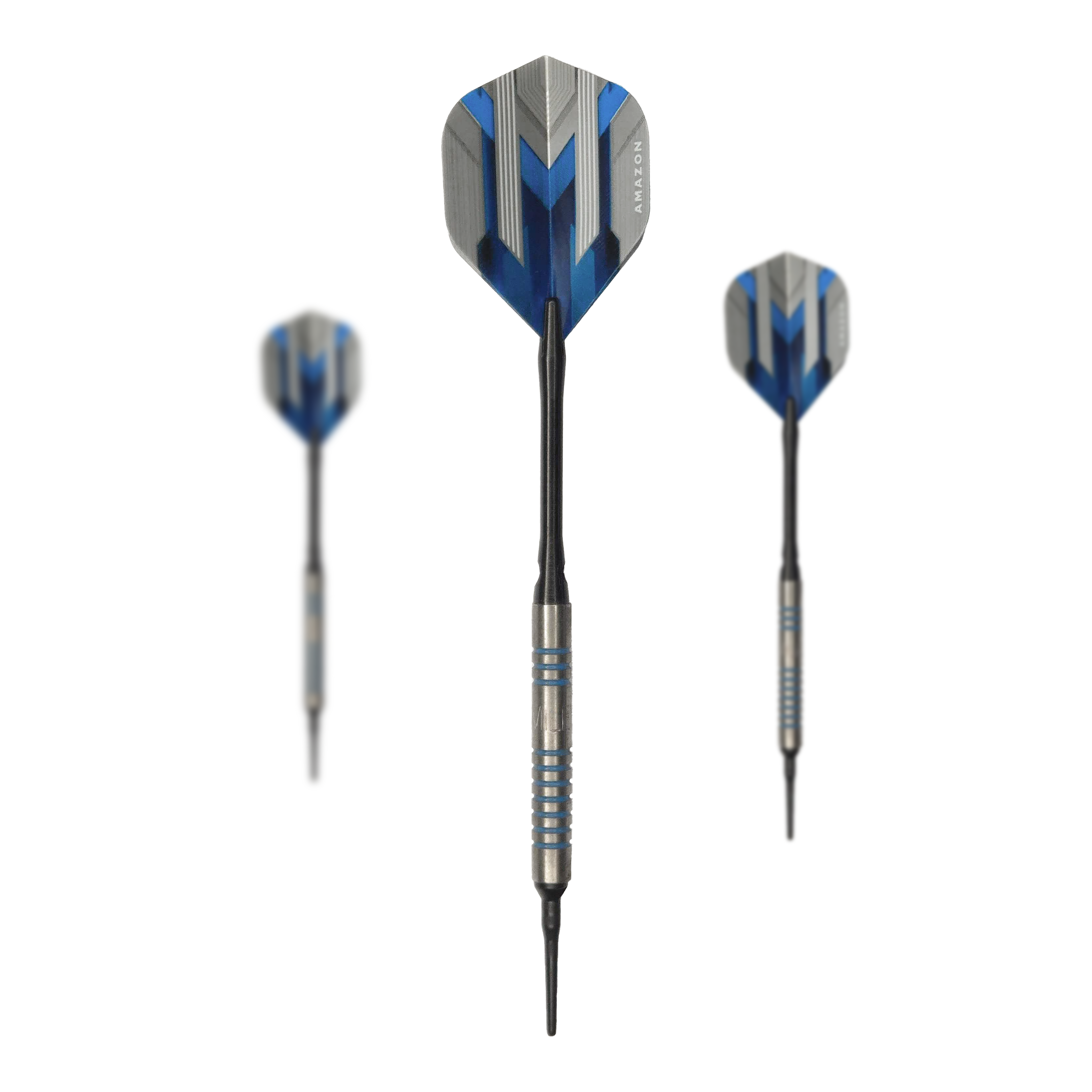Freccette morbide McDart 85 Tungsten V1 - 17 g Das Bild zeigt drei Softdarts des Modells „McDart 85er Tungsten V1 Softdarts - 17g“. Die Darts haben blaue und silberne Akzente sowie schwarze Spitzen und Flügel.