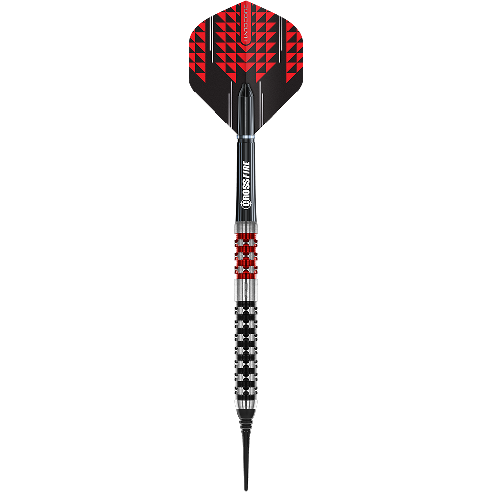 RD2549_Red_Dragon_Crossfire_Softdarts_13GlJcfW6o0nZZ Das Bild zeigt einen Red Dragon Crossfire Softdart mit einem Gewicht von 20 Gramm. Der Dart hat ein auffälliges Design mit roten und schwarzen Mustern am Schaft und an den Flights.