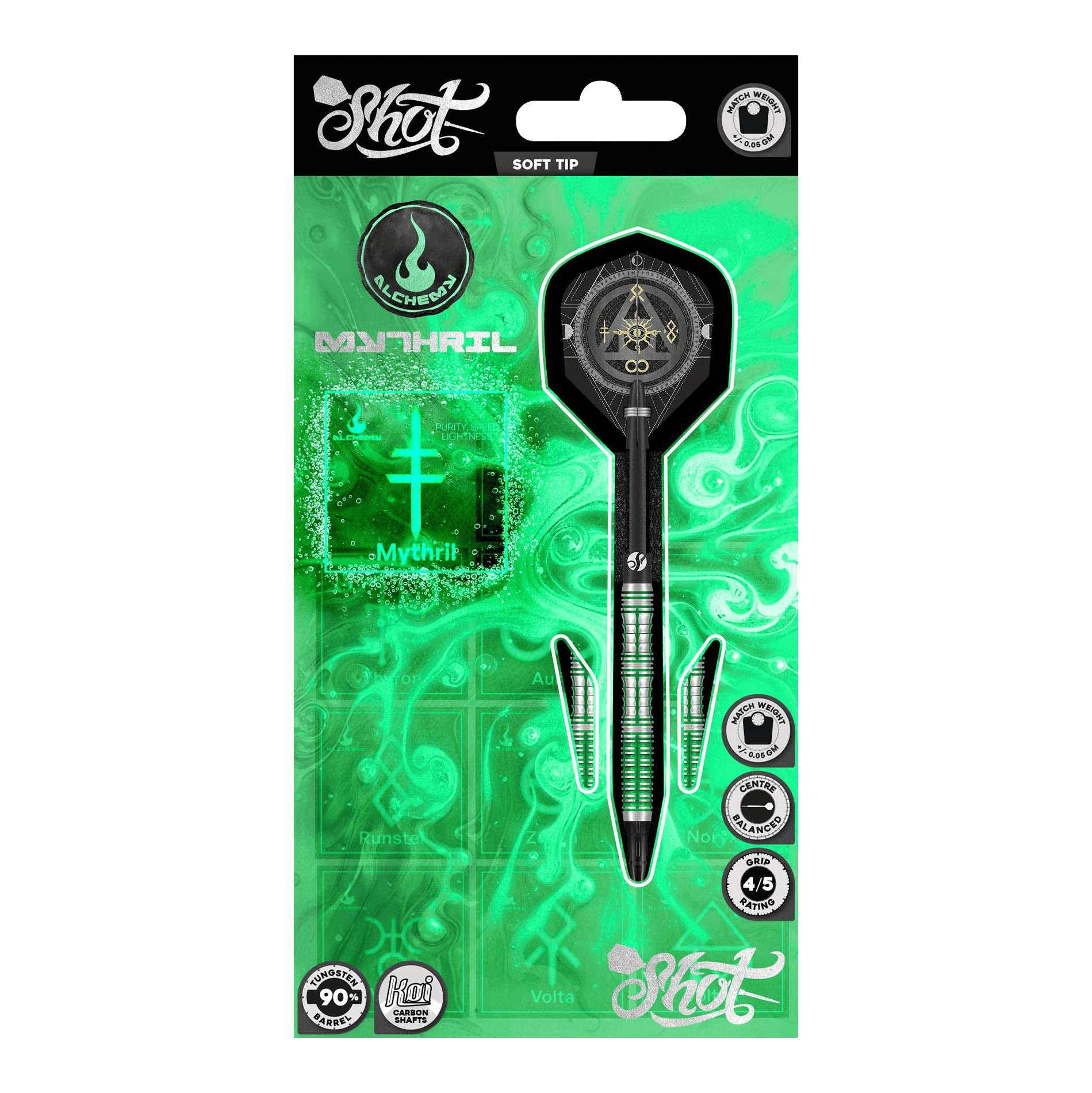 Freccette morbide Shot Alchemy Mythril - 20 g Das Bild zeigt die Shot Alchemy Mythril Softdarts mit einem Gewicht von 20g. Hier sieht man das Produkt aus einer bestimmten Perspektive.