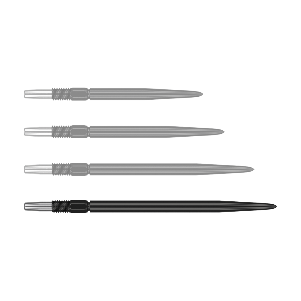 Punte per freccette Target Swiss Point Black Das Bild zeigt vier schwarze Dartspitzen mit silbernem Gewinde. Sie sind nebeneinander ausgerichtet und identisch in Form und Größe.