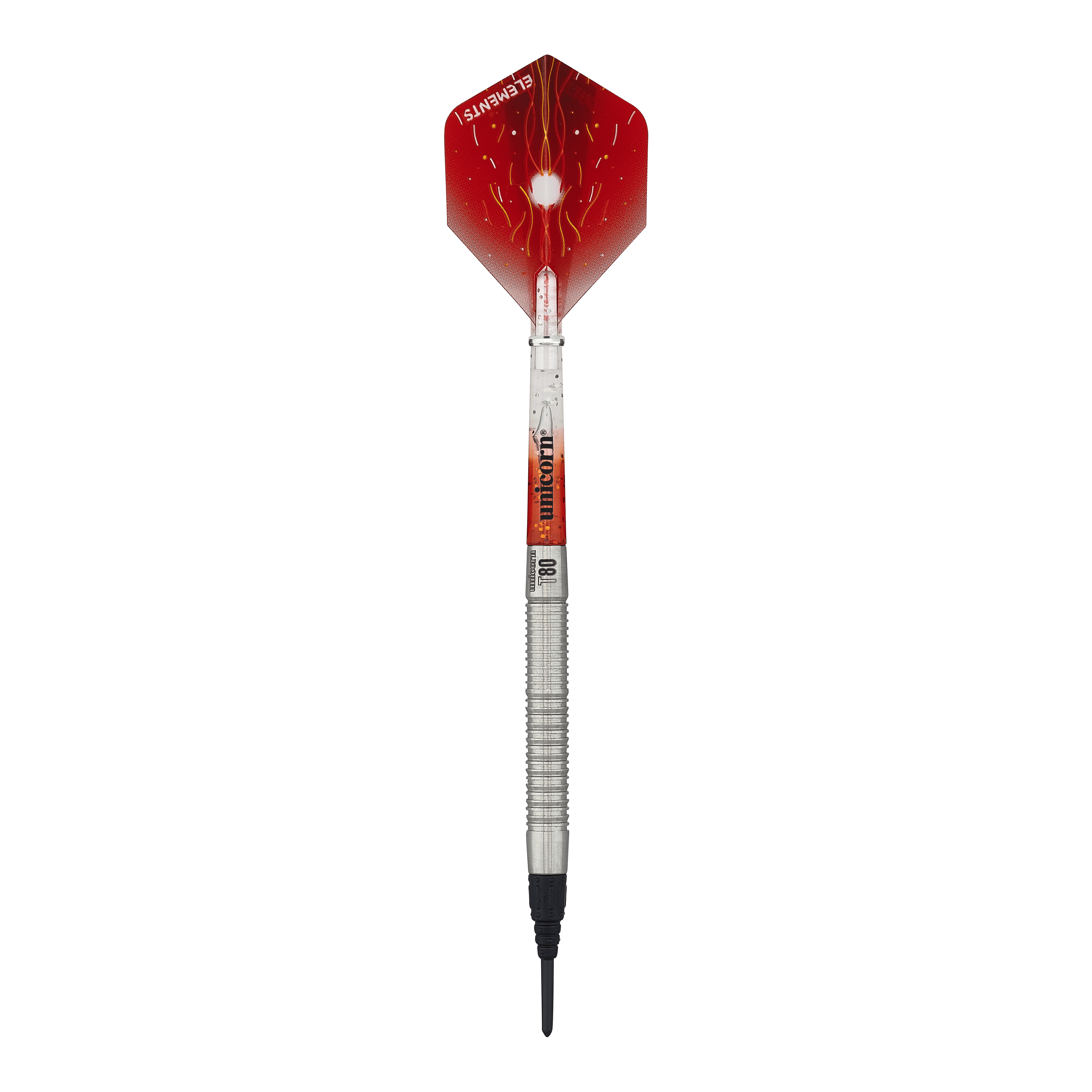 Freccette morbide Unicorn Core XL Striker Style 1 - 19 g Auf dem Bild ist ein Softdart der Marke Unicorn Core XL Striker Style 1 mit einem Gewicht von 19g zu sehen. Die Flights sind rot mit einem weißen Muster, und der Schaft ist silbern.
