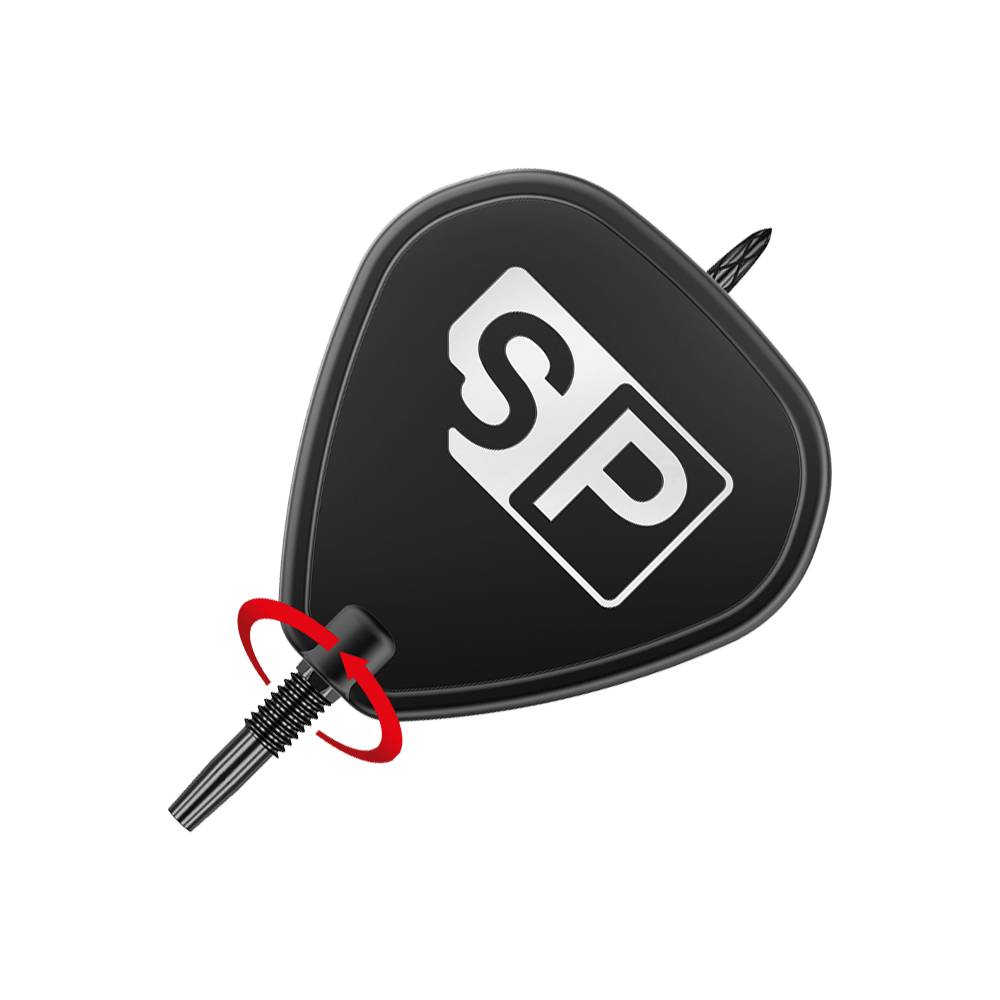 Punte per freccette Target Swiss DS Surge Point - Nere Das Bild zeigt eine schwarze Dartspitze mit der Aufschrift „SP“. Ein roter Pfeil deutet auf das Gewinde hin und zeigt, dass die Spitze eingeschraubt werden kann.
