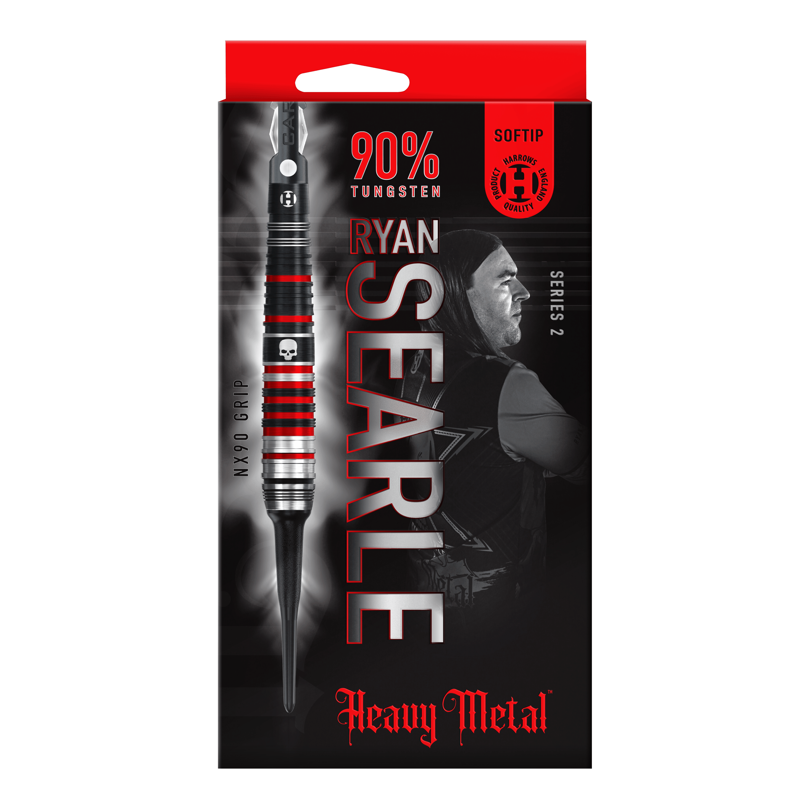 Freccette morbide Ryan Searle Heavy Metal Series 2 di Harrow Auf dem Bild ist die Verpackung der "Harrows Ryan Searle Heavy Metal Series 2 Softdarts" zu sehen. Die Packung ist überwiegend schwarz mit roten Akzenten und zeigt einen Dartpfeil sowie das Bild eines Spielers.