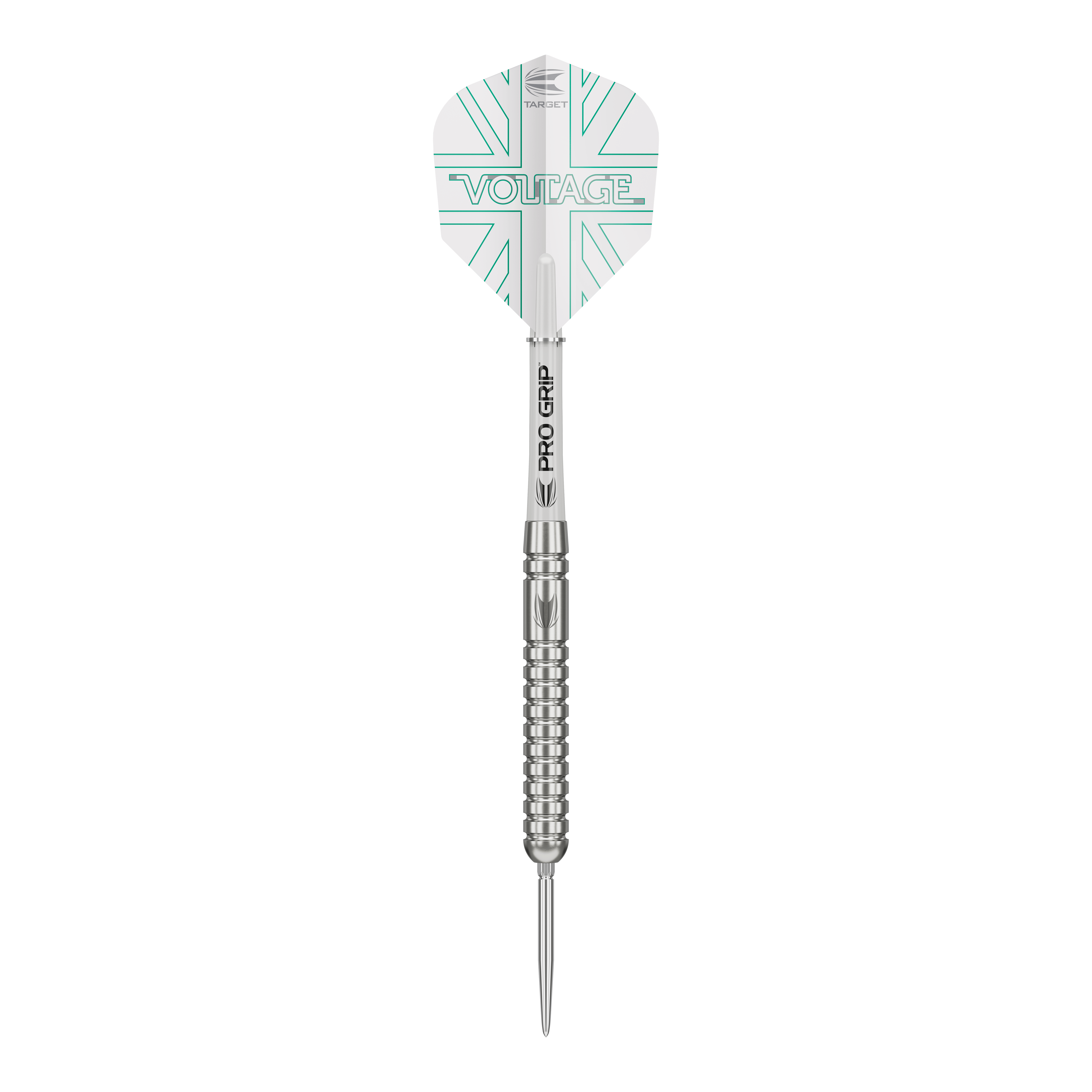 Freccette in acciaio Target Rob Cross Voltage Swiss Point Das Bild zeigt einen Target Rob Cross Voltage Swiss Point Steeldart. Der Dart hat ein silbernes Design mit dem Schriftzug „VOLTAGE“ auf den Flights.