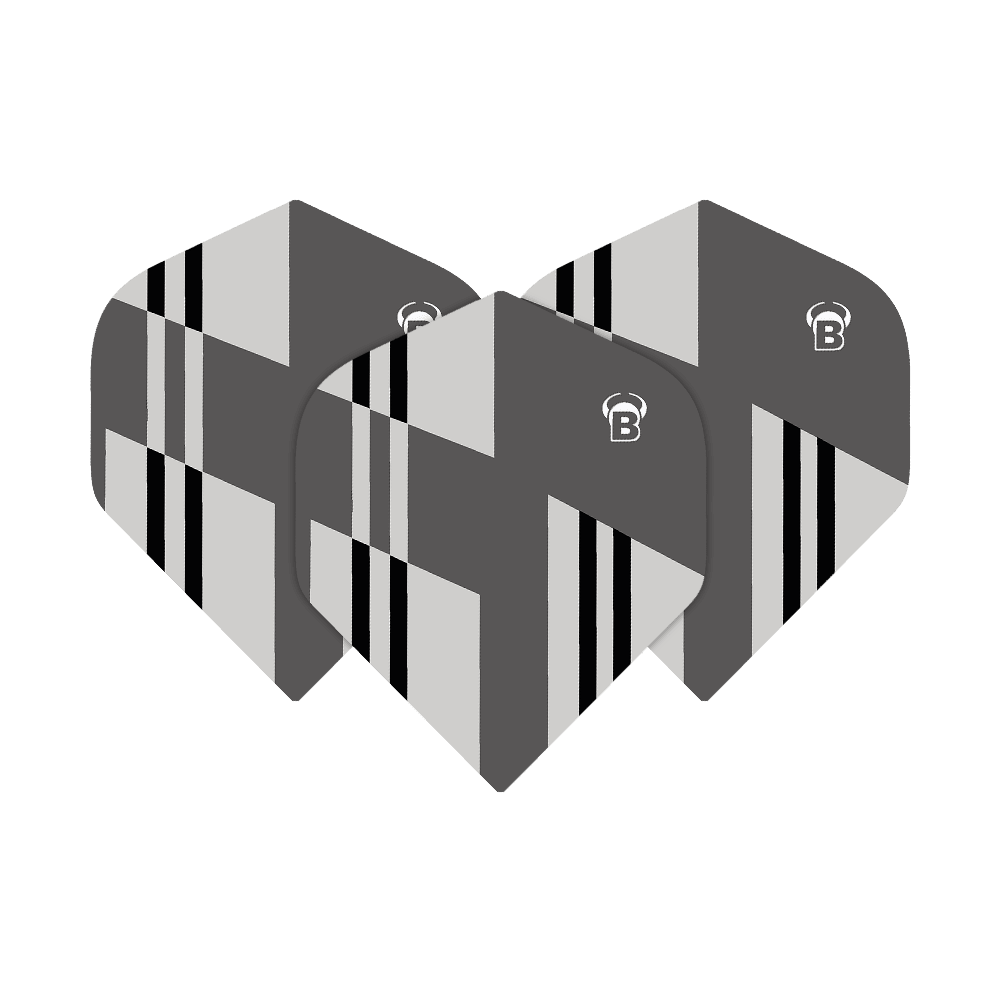 Das Bild zeigt drei Dart-Flights des Produkts „Bulls B-Star Tac No2 Standard Flights“. Die Flights sind in Grau-, Schwarz- und Weißtönen mit geometrischem Muster gestaltet.