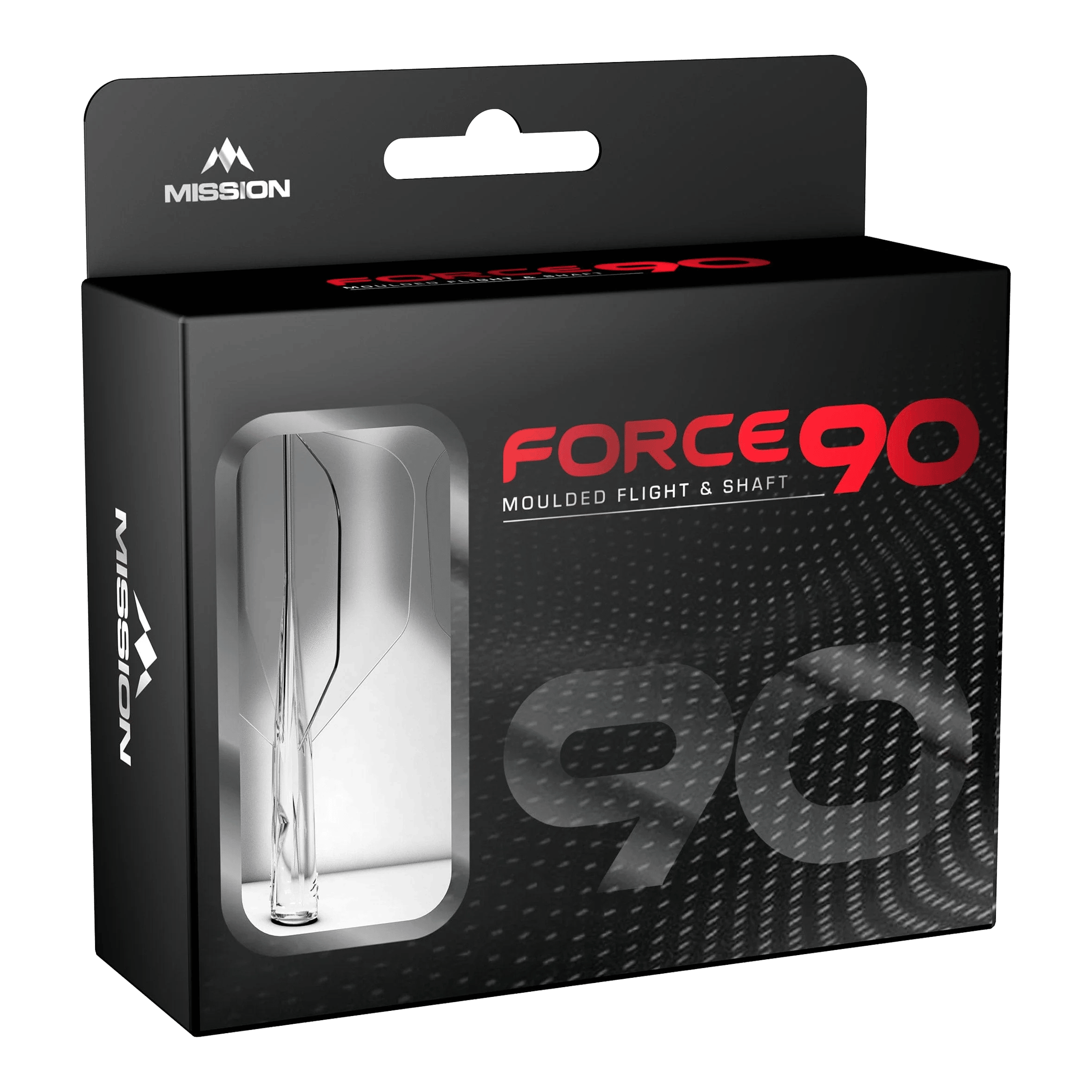 Sistema di alberi di volo Mission Force 90 No6 - Trasparente Die Abbildung zeigt die Verpackung des Produkts „Mission Force 90 No6 Flight-Shaft-System - Clear“. In der schwarzen Box mit Sichtfenster ist das transparente Flight-Shaft-System zu erkennen.