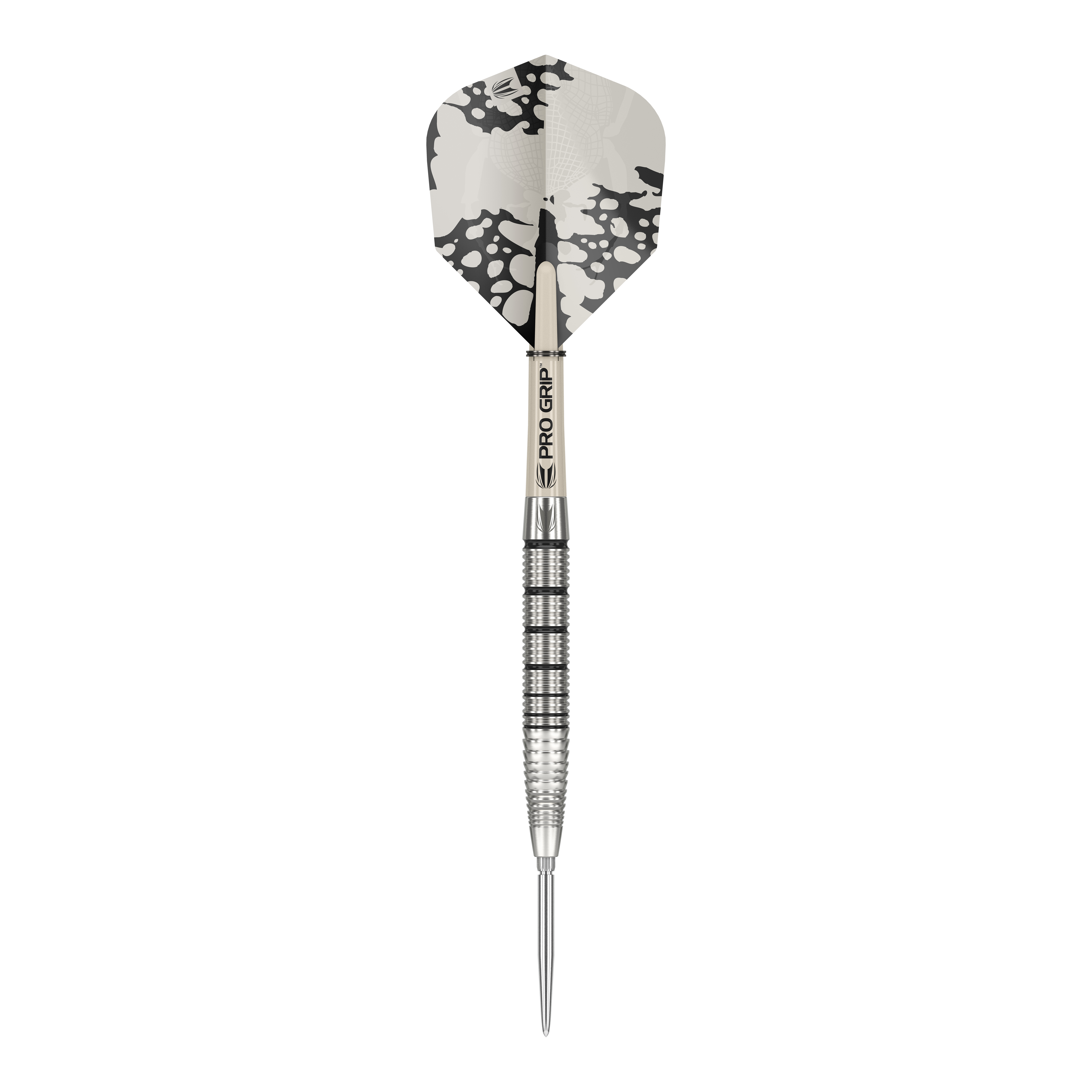 Freccette in acciaio Target EXO SP02 Swiss Point Das Bild zeigt einen Target EXO SP02 Swiss Point Steeldart. Der Dartpfeil hat ein silbernes Griffstück mit schwarzen Rillen und eine schwarz-weiße Flight.