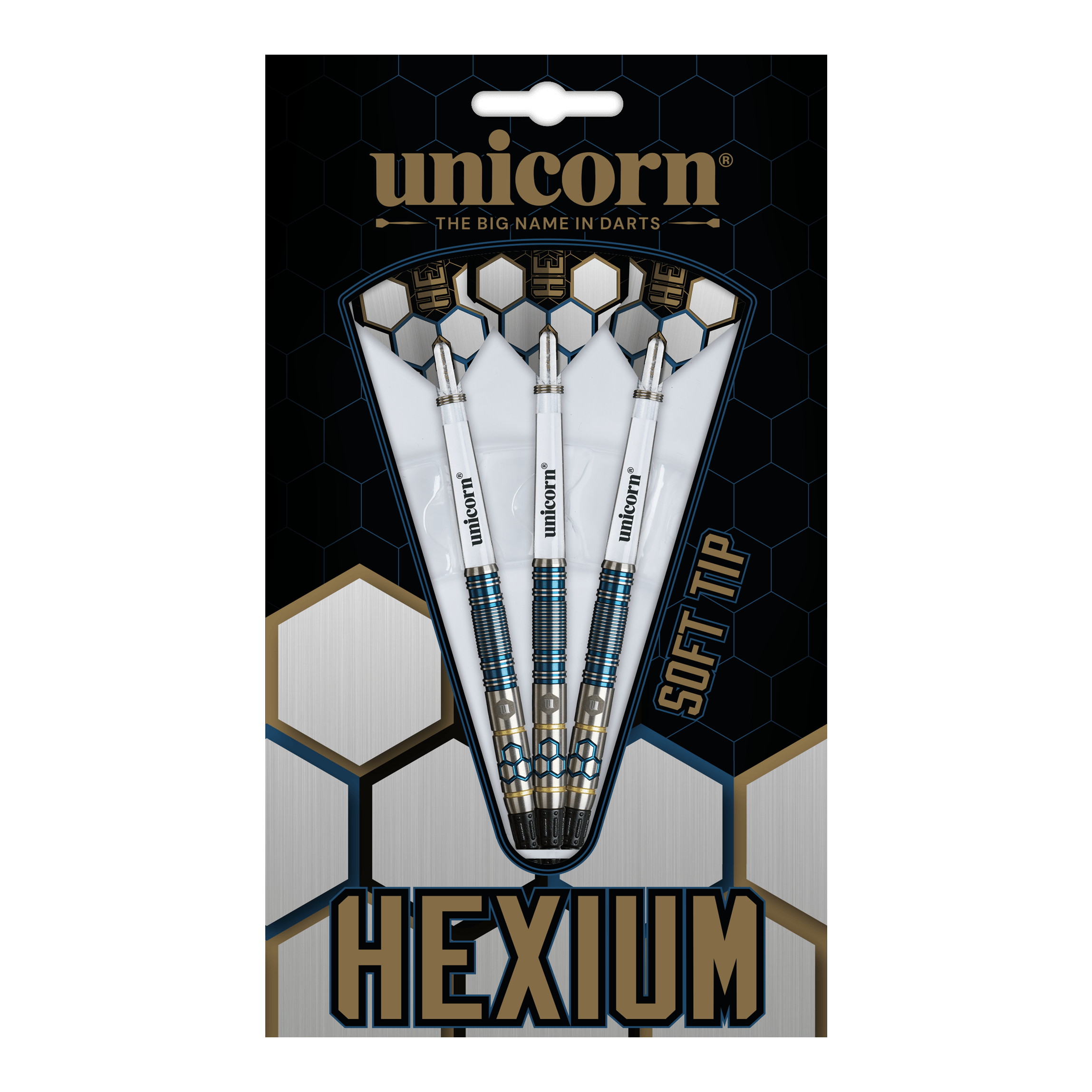 Freccette morbide Unicorn Hexium Style 02 Blu e Oro - 21 g Unicorn Hexium Style 02 Blue & Gold Softdarts - 21g besticht durch sein modernes Design. Die stilvollen Softdarts sind ideal für Dartbegeisterte.
