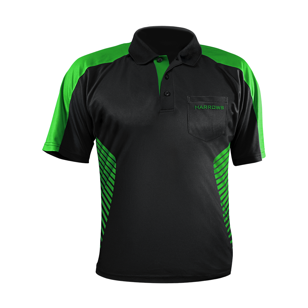 17492-Harrows-Vivid-Dartshirt-Black-Green-1 Harrows Vivid Dartshirt Black/Farbig ist aufgelegt. Das Shirt zeigt ein modernes Design.