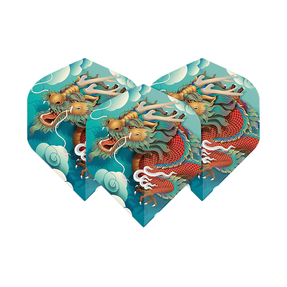 Voli Pentathlon Dragon Das Bild zeigt drei Dart-Flights mit einem bunten Drachenmotiv vor einem blauen Himmel mit Wolken. Es handelt sich um das Produkt "Pentathlon Dragon 5 Standard Flights".