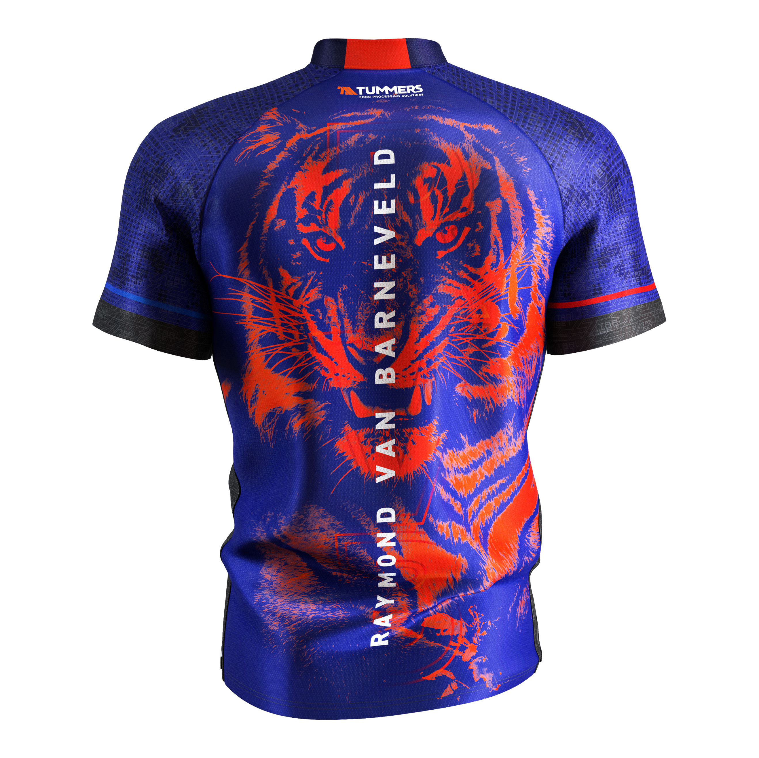 Maglia da freccette Target Coolplay Raymond Van Barneveld 2025 Das Bild zeigt das Target Coolplay Raymond Van Barneveld 2025 Dartshirt von hinten. Auf dem blauen Shirt ist ein auffälliger roter Tiger sowie der Name "Raymond Van Barneveld" vertikal zu sehen.