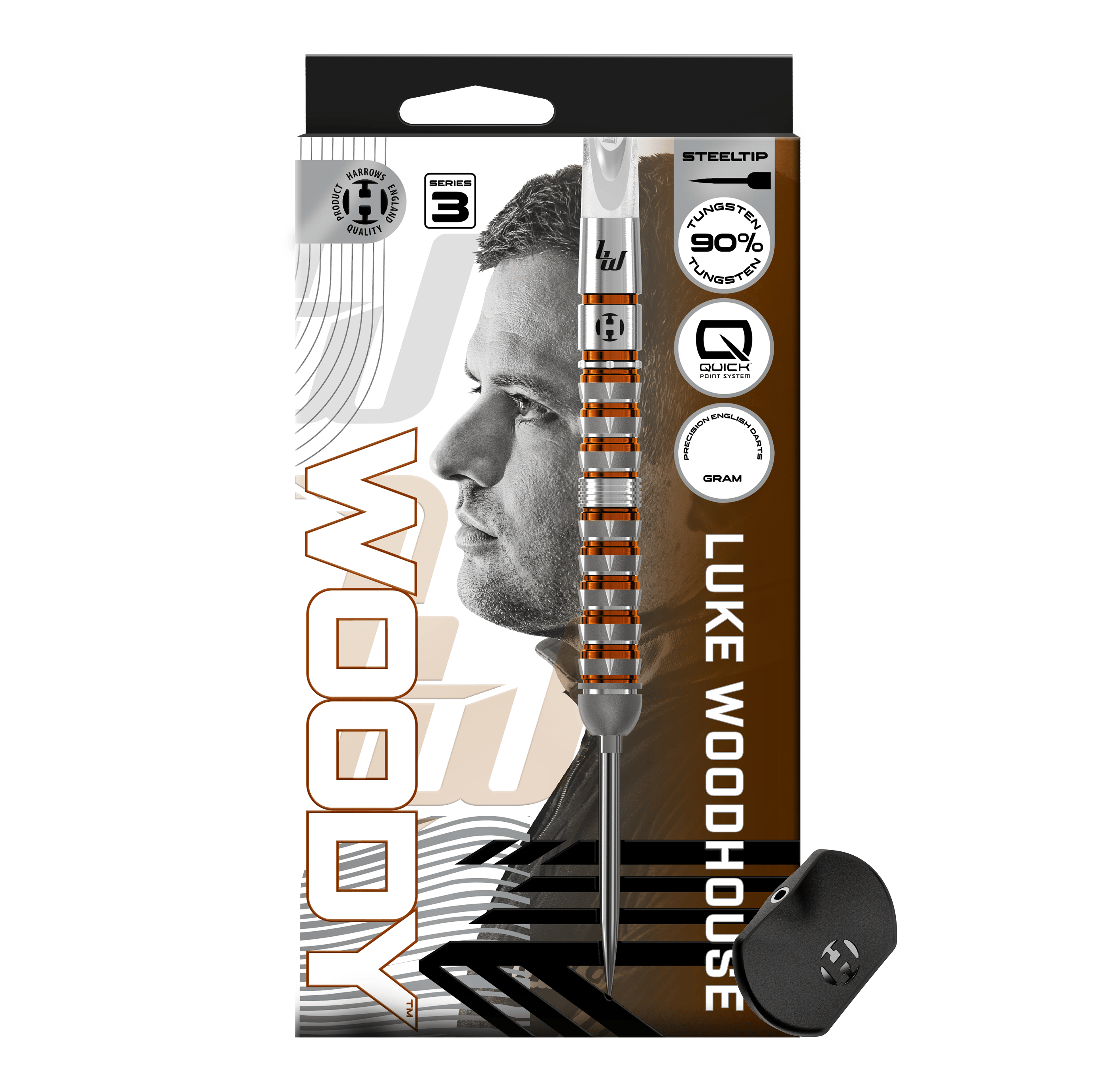 Abgebildet sind die Harrows Luke Woodhouse Series 3 Quick Point Steeldarts. Diese Pfeile eignen sich besonders für Profis und Fortgeschrittene.