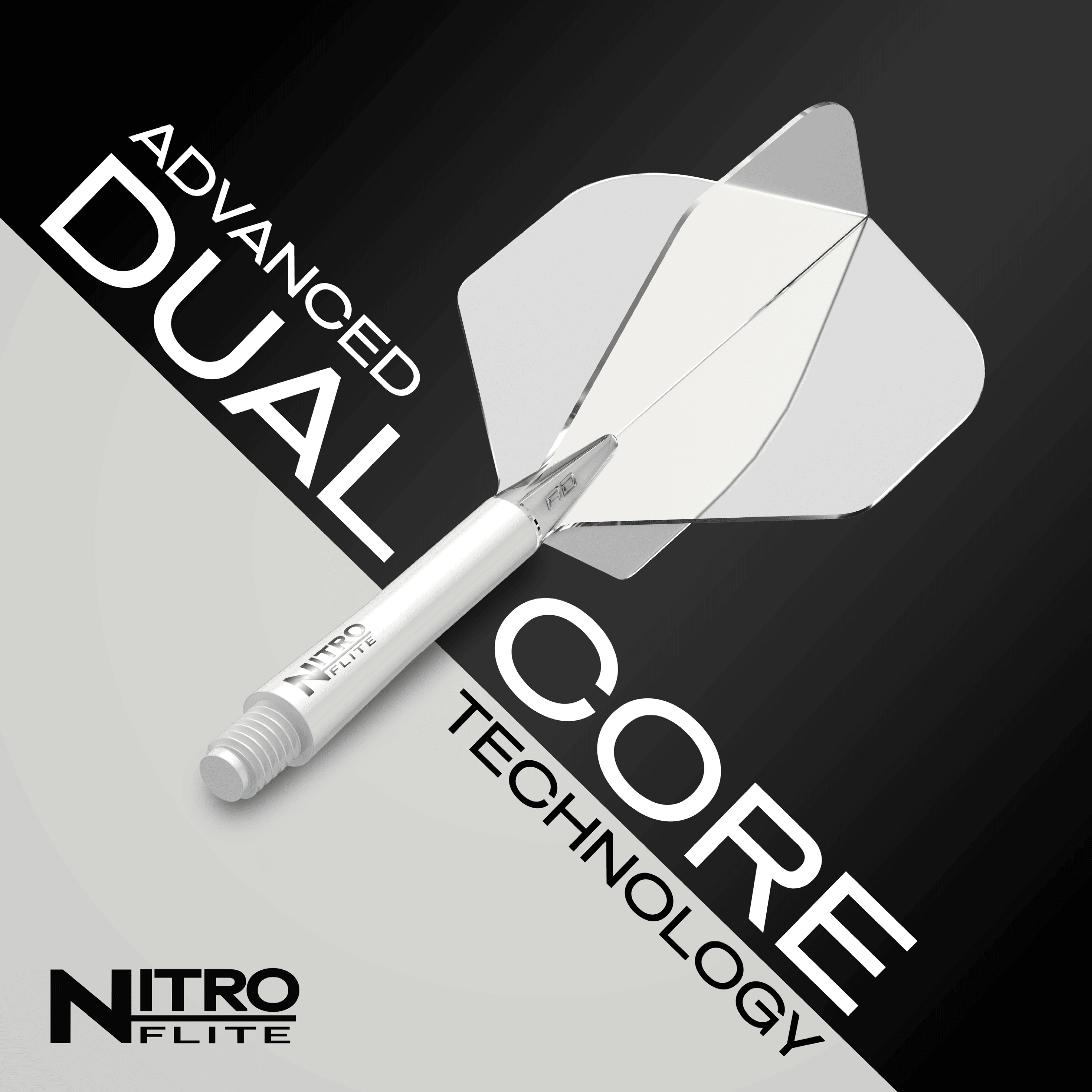 Voli Red Dragon Nitroflite - White Shaft Clear No2 Das Bild zeigt das Produkt "Red Dragon Nitroflite - White Shaft Clear No2 Flights". Auf dem Bild sind die Begriffe "Advanced Dual Core Technology" sowie das Produkt selbst gut sichtbar.