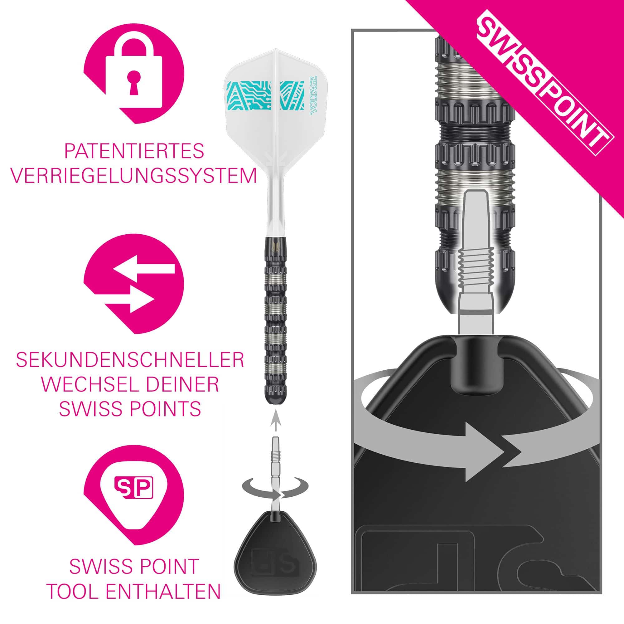 Freccette Target Rob Cross 95K Swiss Point Steel Das Bild zeigt den Target Rob Cross 95K Swiss Point Steeldart mit einem speziellen Wechselsystem für die Spitzen. Es hebt das patentierte Verriegelungssystem hervor, mit dem die Swiss Points in Sekundenschnelle ausgetauscht werden können.