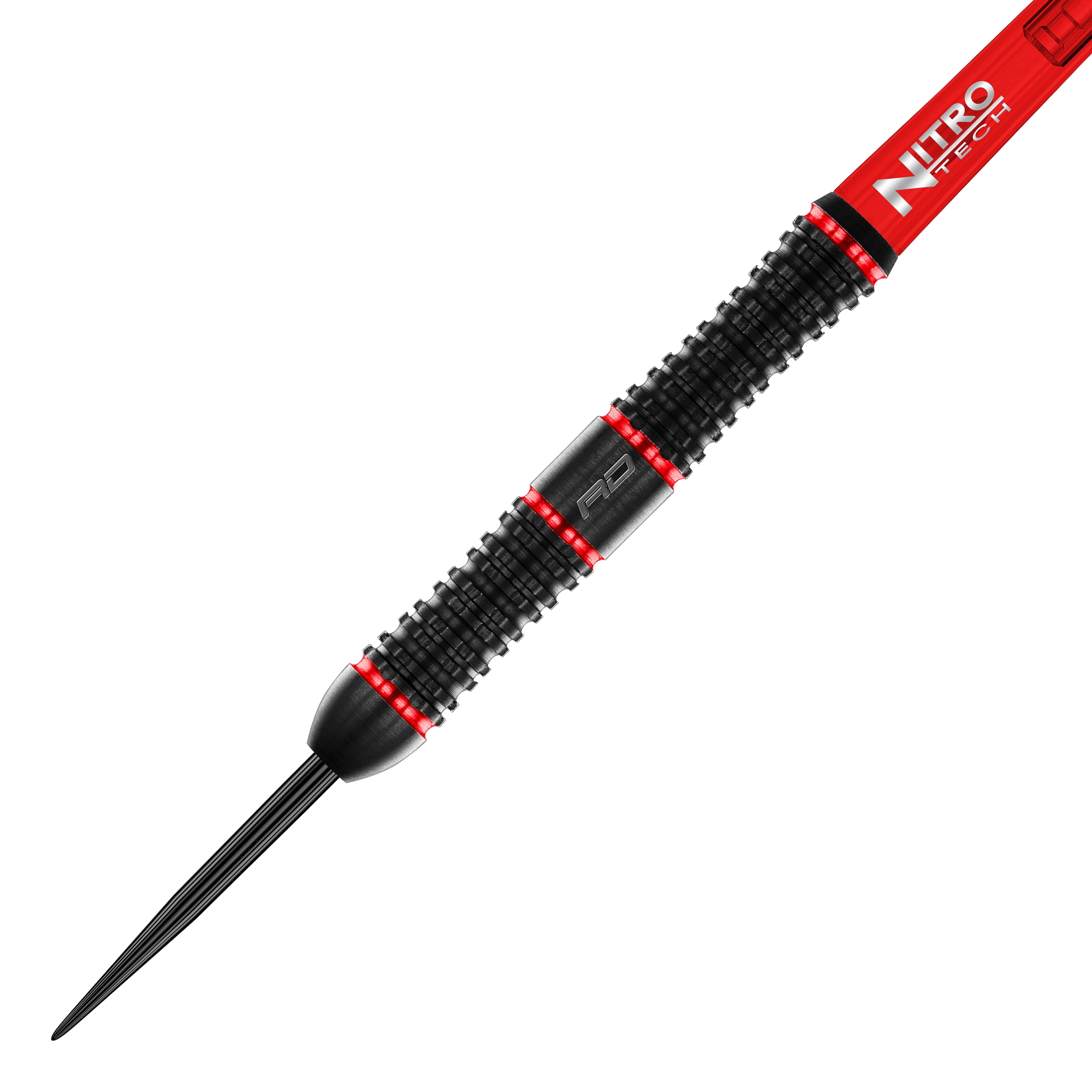 Freccette in acciaio Red Dragon Jason Watt - 22 g Das Bild zeigt den "Red Dragon Jason Watt Steeldart" mit einem Gewicht von 22 Gramm. Der Dart ist überwiegend schwarz mit roten Akzenten und hat eine geriffelte Griffoberfläche.