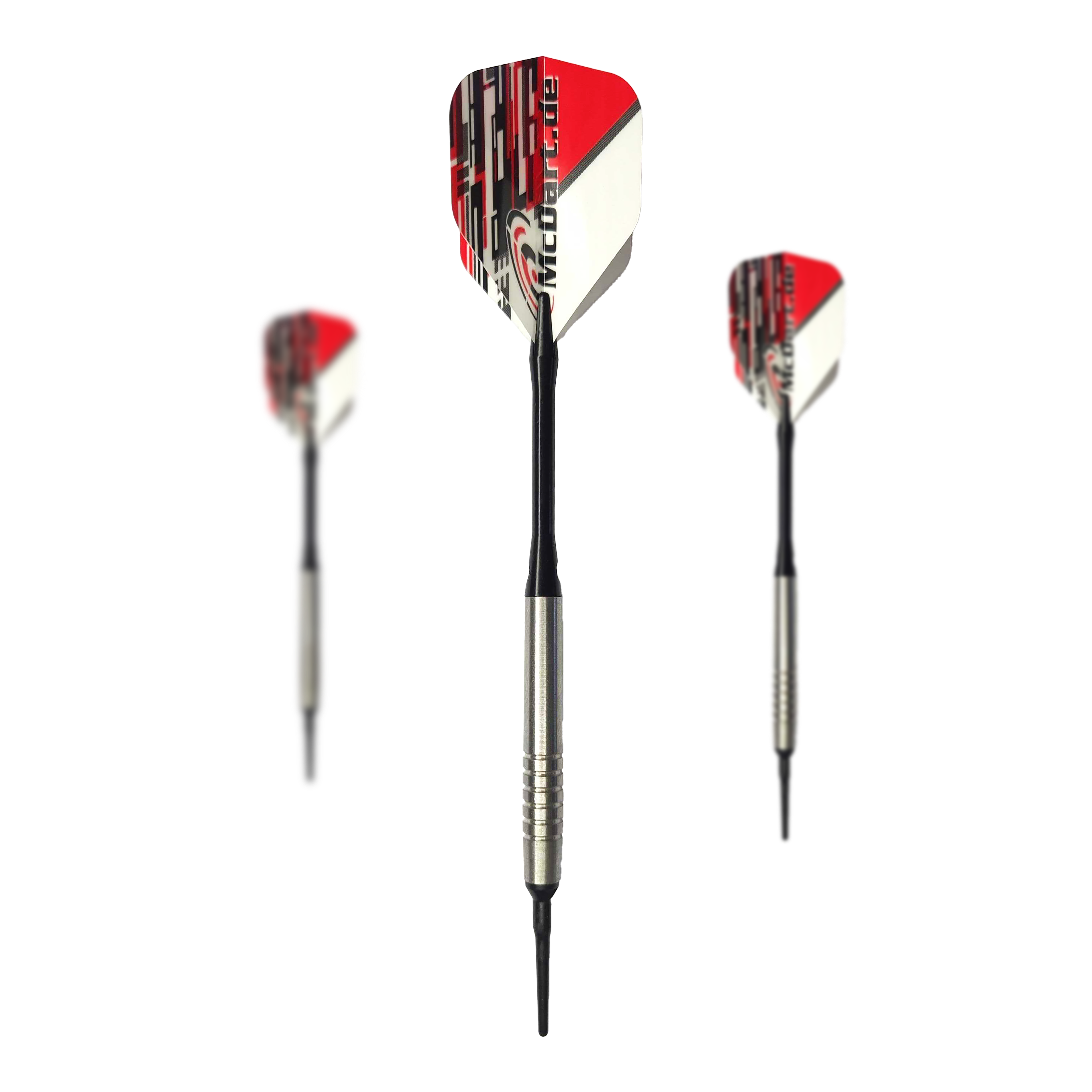 Freccette morbide McDart 85 Tungsten V14 - 17 g Das Bild zeigt drei Softdarts des Modells "McDart 85er Tungsten V14" mit einem Gewicht von 17g. Die Darts haben silberne Barrels und Flights in Rot, Weiß und Schwarz.