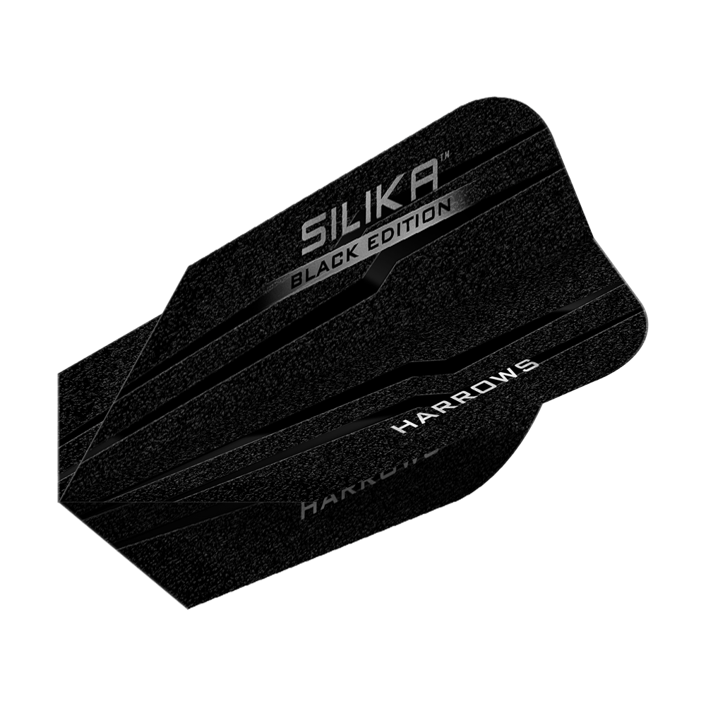 Alette sottili Harrows Silika Black Edition Das Bild zeigt die Harrows Silika Black-Edition Slim Flights. Sie sind schlank, schwarz und haben silberne Schriftzüge mit den Wörtern "Silika", "Black Edition" und "Harrows".