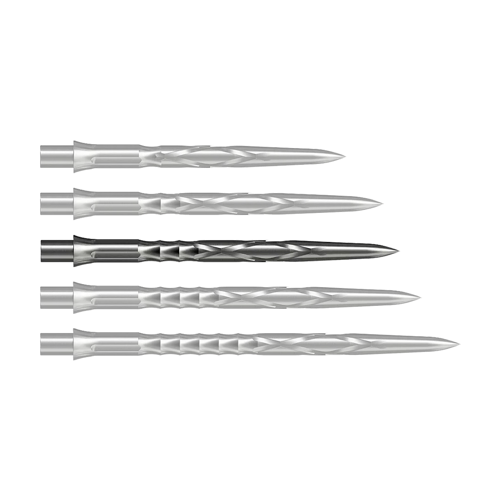 Punte per freccette in acciaio Caliburn System - HAN G2 - Argento Auf dem Bild sind drei silberne Steeldartspitzen zu sehen. Sie liegen nebeneinander und haben eine strukturierte Oberfläche.