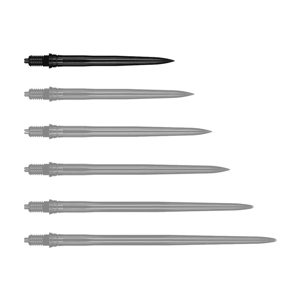 Punte per freccette Caliburn EZ-EVO - Lisce - Nere Das Bild zeigt schwarze Dartspitzen mit glatter Oberfläche, vermutlich 28 mm lang. Die Datei trägt den Namen EVO181_Caliburn_EZ-EVO_Dartspitzen_Smooth_Schwarz_28mm_1.