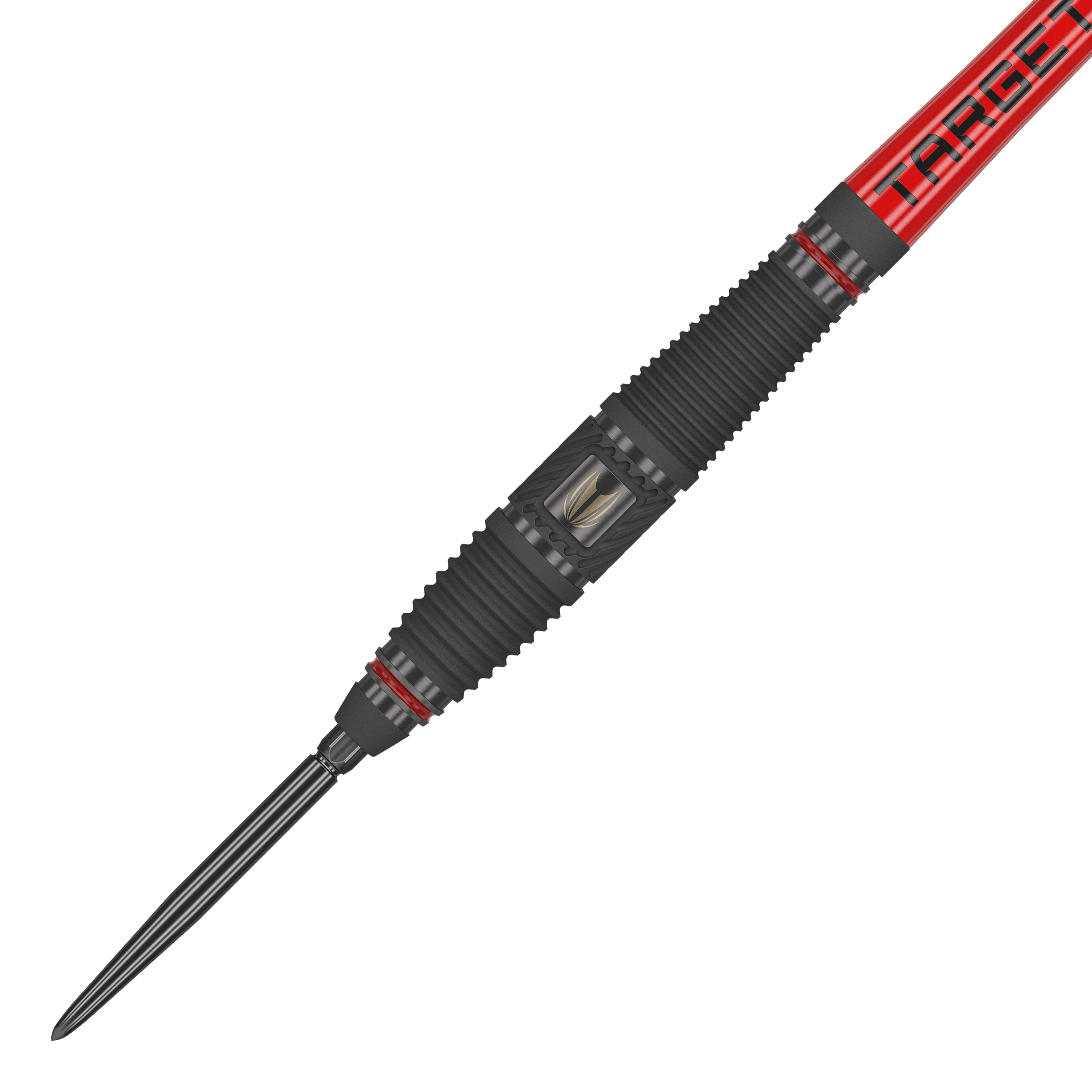 Freccette in acciaio Target Scope 03 Swiss Point Das Bild zeigt ein Target Scope 03 Swiss Point Steeldart mit schwarzem und rotem Design. Die Oberfläche des Darts ist geriffelt und hat Metallakzente für besseren Halt.