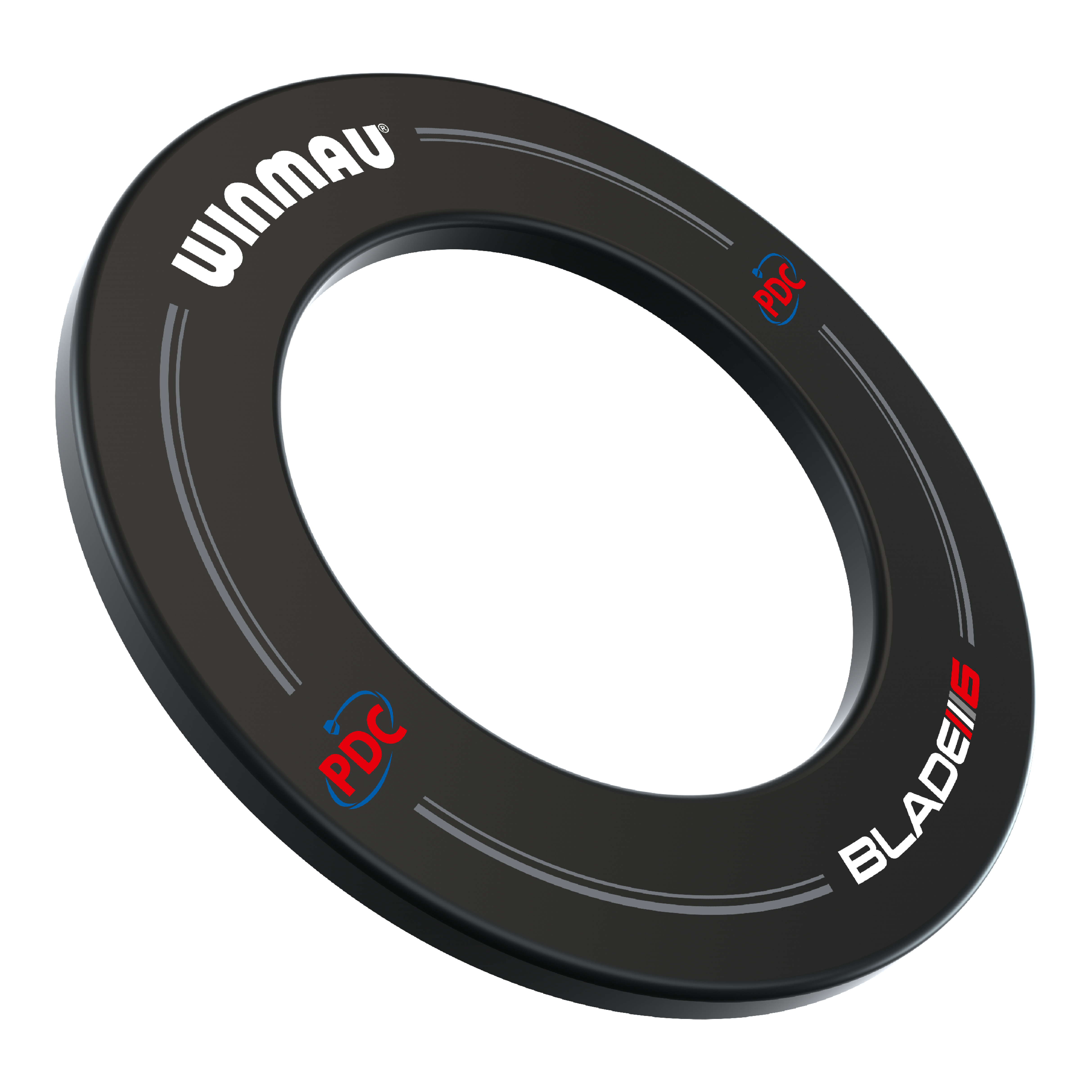 Cornice per freccette Winmau PDC - nera Das Bild zeigt einen schwarzen Winmau PDC Dartboard Surround. Auf dem Surround sind die Logos "WINMAU", "PDC" und "BLADE 6" aufgedruckt.