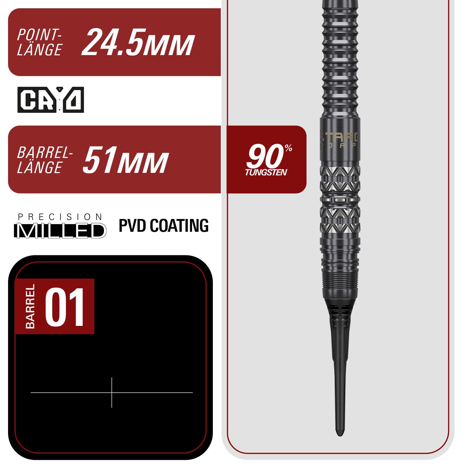 Freccette morbide Target Black Marque Creed - 21,5 g Die Target Black Marque Creed Softdarts mit 21,5g sind auf diesem Foto zu sehen. Sie werden deutlich und von der Seite präsentiert.