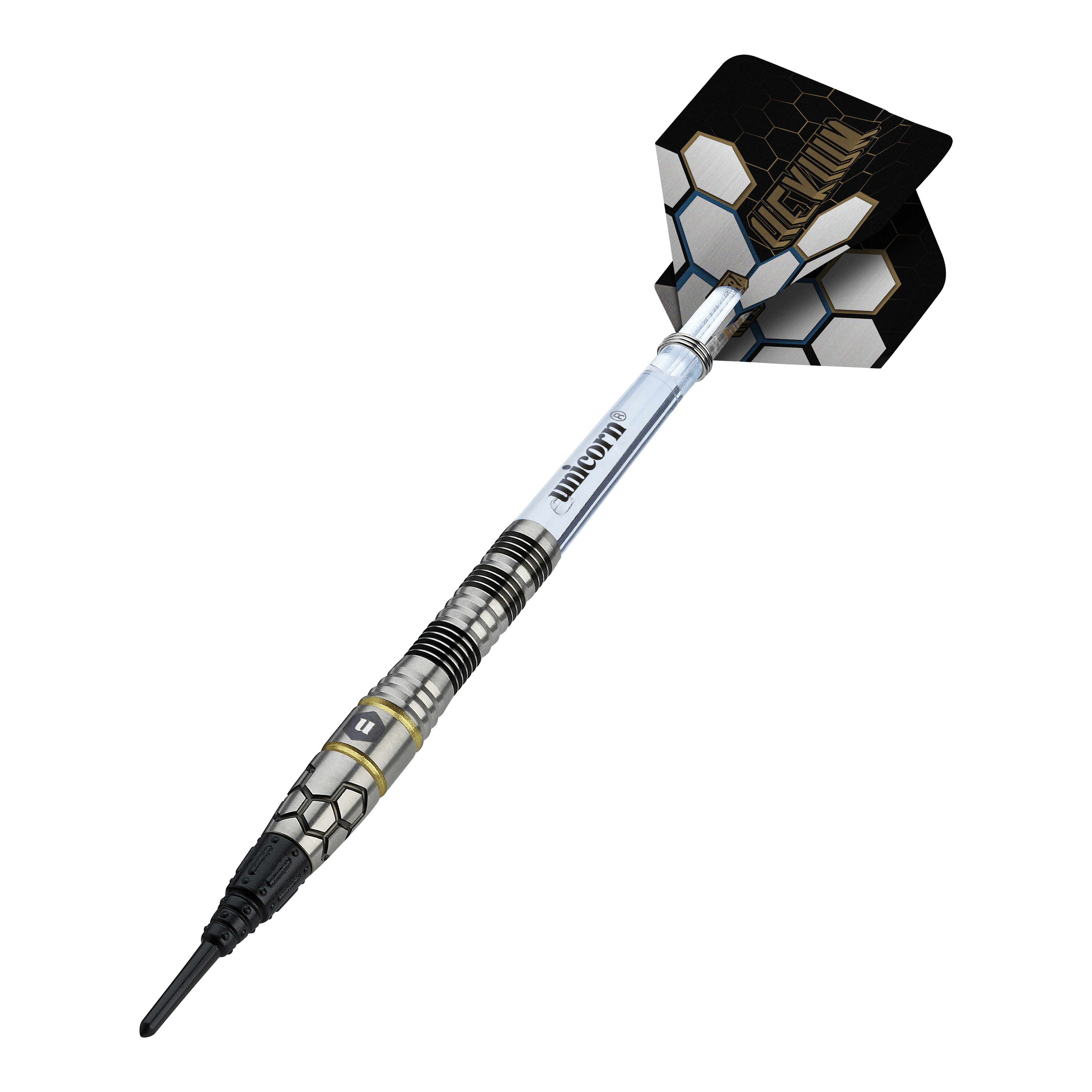 Freccette morbide Unicorn Hexium Style 01 nere e oro - 22 g Unicorn Hexium Style 01 Black & Gold Softdarts - 22g ist ein hochwertiger Softdart mit stilvollem Design. Er bietet ausgezeichnete Griffigkeit und ist für anspruchsvolle Spieler geeignet.