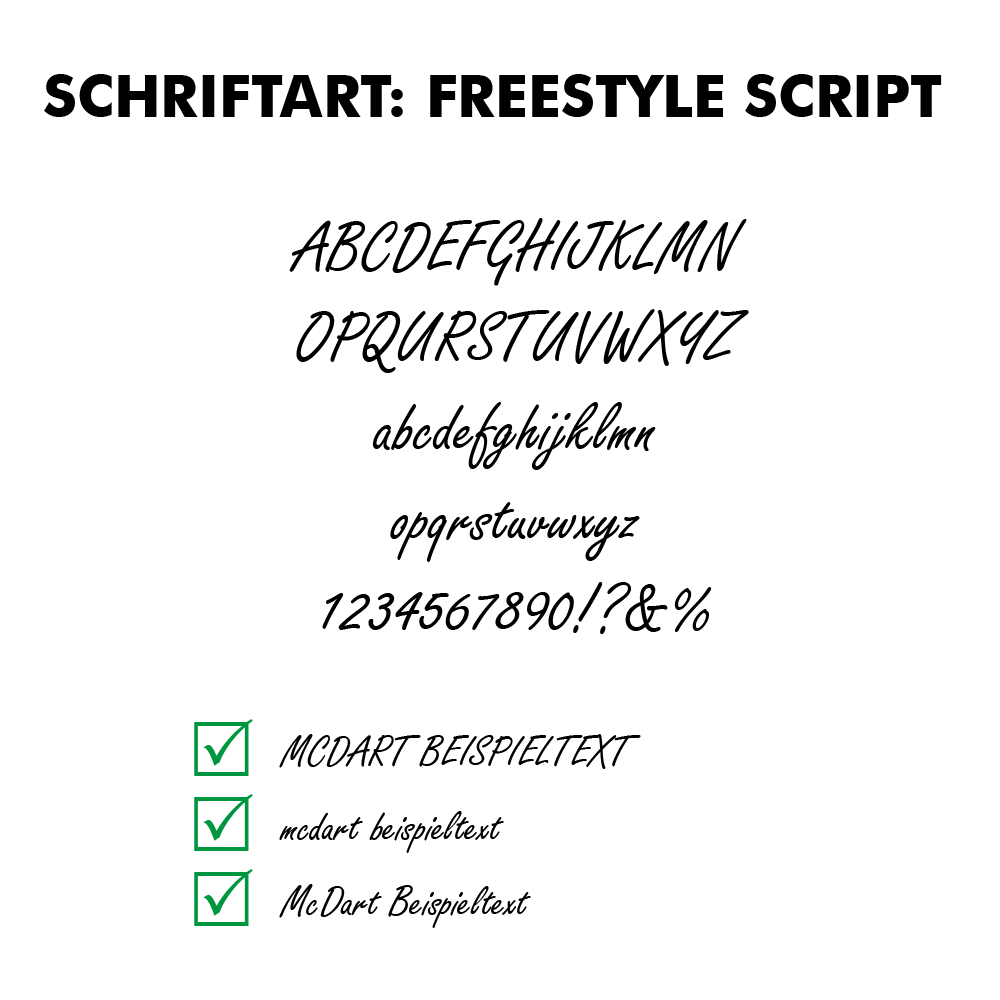 Flightdruck-Schriftart-Freestyle-ScriptYG20MbZqMjgTb Dart-Flight mit Freestyle-Script Schriftzug. Die Buchstaben sind geschwungen und dekorativ.
