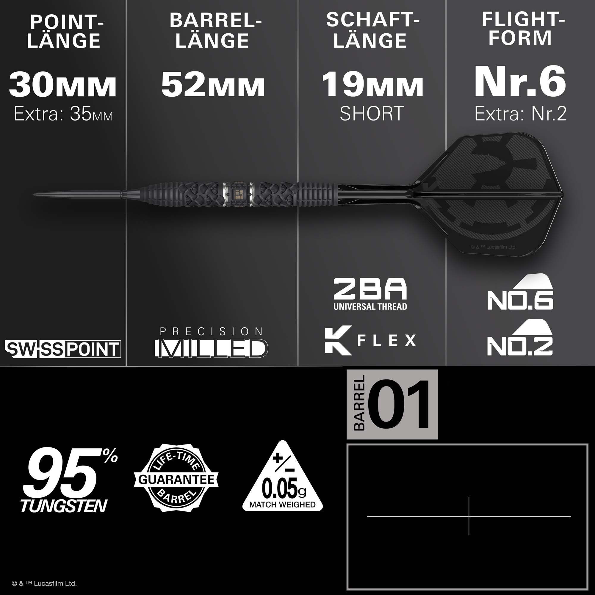 Target Star Wars Darth Vader 95 freccette in acciaio con punta svizzera Die Target Star Wars Darth Vader 95 Swiss Point Steeldarts sind auf diesem Bild zu sehen. Sie zeigen ein Dart-Set inspiriert von Darth Vader aus Star Wars.