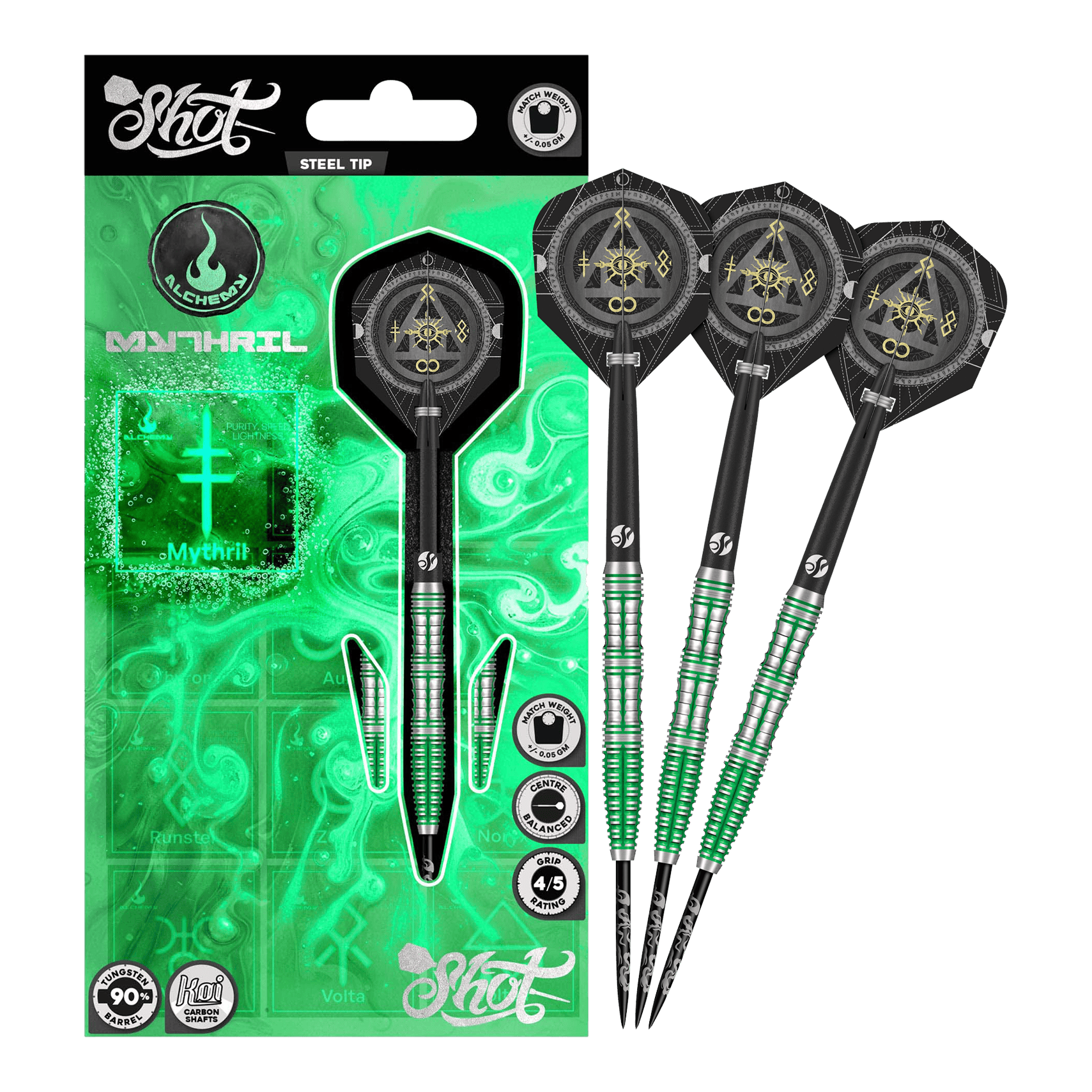 Freccette in acciaio Mythril di Shot Alchemy Auf dem Bild sind die Shot Alchemy Mythril Steeldarts komplett zu sehen. Sie überzeugen durch ihre edle Optik.
