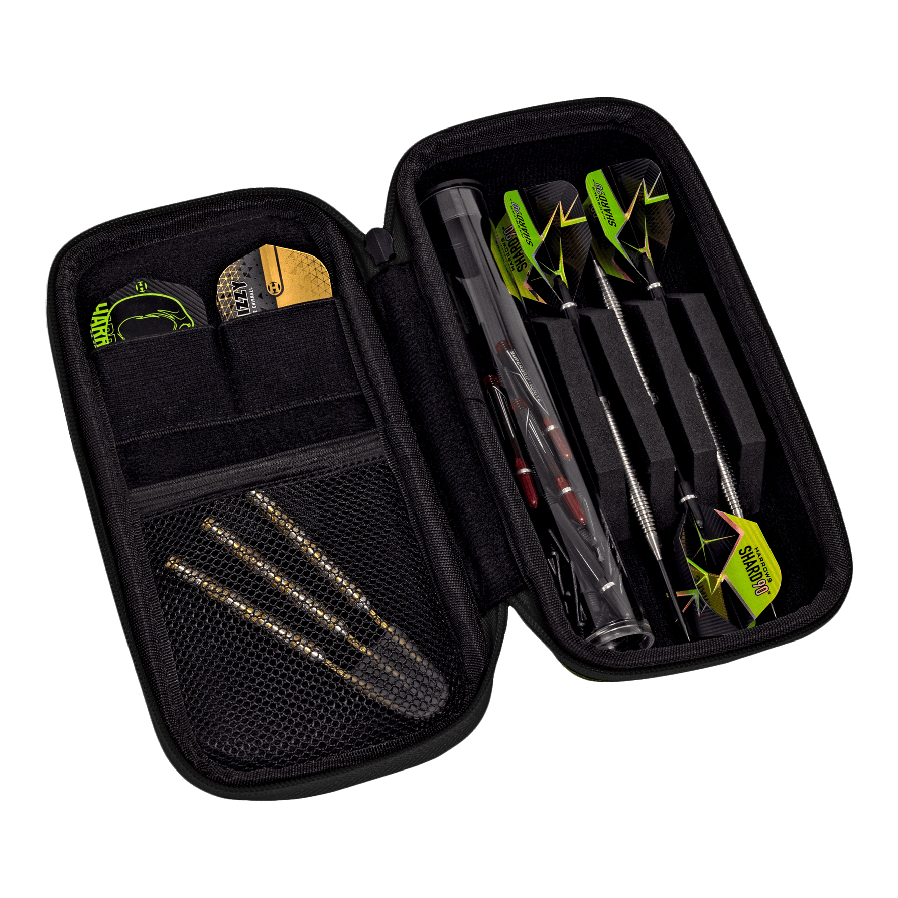Portafoglio Smart Case Harrows Das Bild zeigt ein geöffnetes Dart-Etui mit mehreren Darts und Zubehör. Die Darts sind ordentlich in Fächern und Taschen im Etui verstaut.