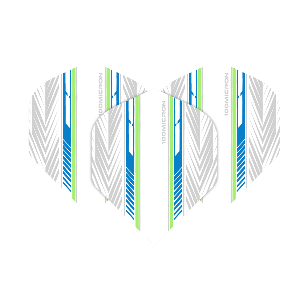 Voli Pentathlon bianchi/blu/verdi Das Bild zeigt die "Pentathlon White Blue Green No2 Standard Flights" mit einem modernen Design in Weiß, Blau und Grün. Die Flights haben ein Muster aus Linien und Pfeilen sowie den Aufdruck "100 MICRON".