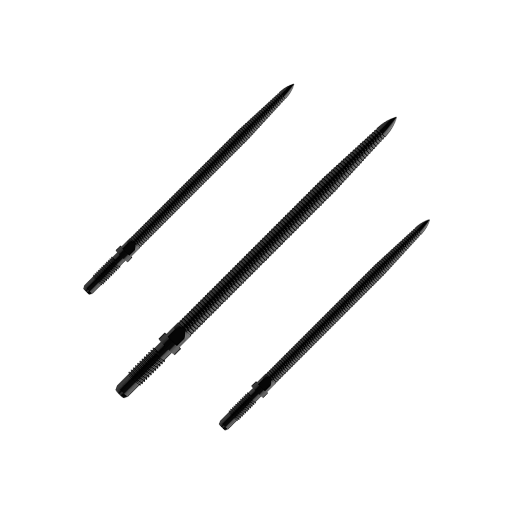 Abgebildet ist ein Produkt mit dem Namen BU57705_BullsNL_Convertible_Points_MicroGrip_Schwarz_36mm_1Set. Es handelt sich um schwarze umwandelbare Dartspitzen mit MicroGrip in 36 mm Länge.