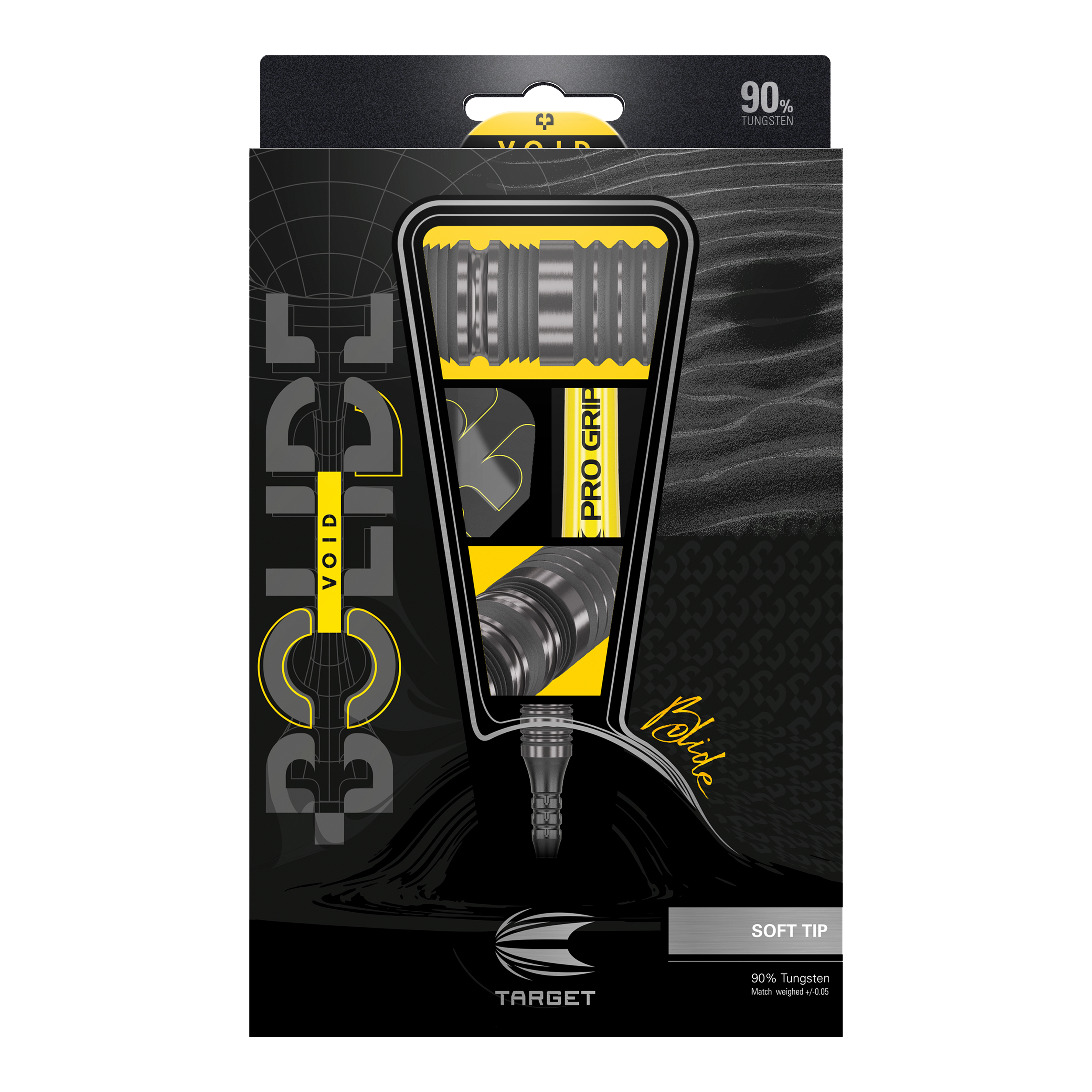 Target Bolide Void 10 freccette morbide Das Bild zeigt die Verpackung der "Target Bolide Void 10 Softdarts". Die Verpackung ist schwarz-gelb gestaltet und hebt die Darts mit 90% Tungsten-Anteil hervor.