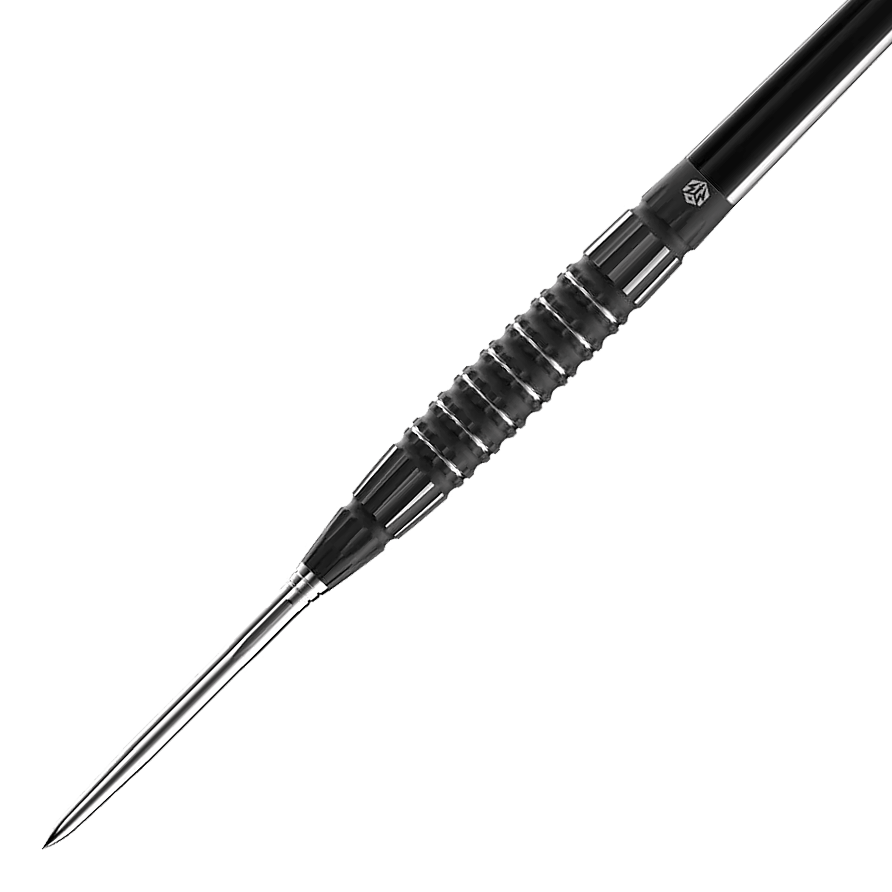 Freccette in acciaio Caliburn Sword S3 - 23 g Das Bild zeigt einen Caliburn Sword S3 Steeldart mit einem Gewicht von 23 g. Der Dartpfeil hat ein schlankes, schwarzes Design mit einer geriffelten Griffzone.