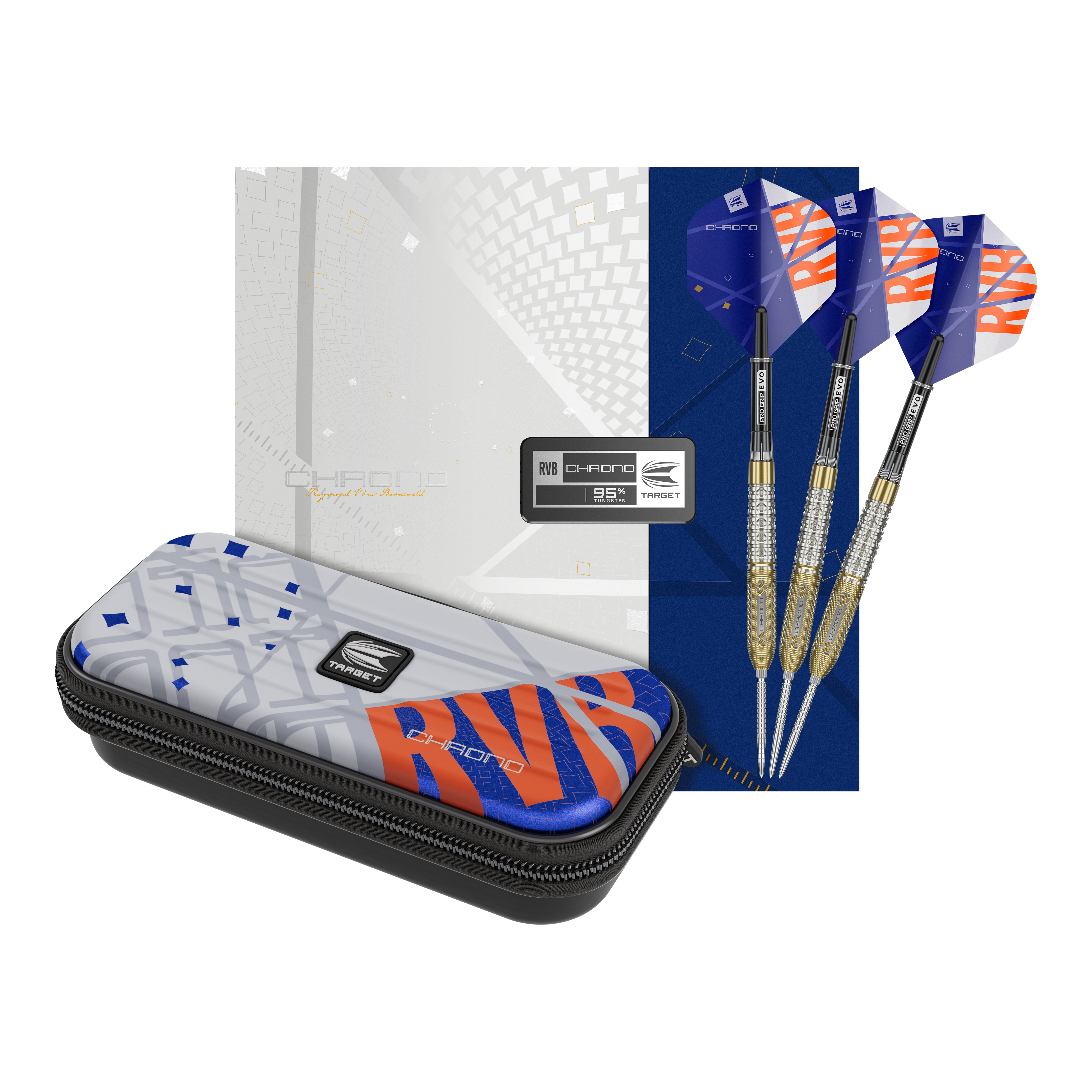 Das Bild zeigt ein Set von drei Steeldarts, eine passende Aufbewahrungsbox und eine stilvolle Verpackung. Die Farben und das Design sind modern und die Darts haben auffällige blaue und orange Elemente.