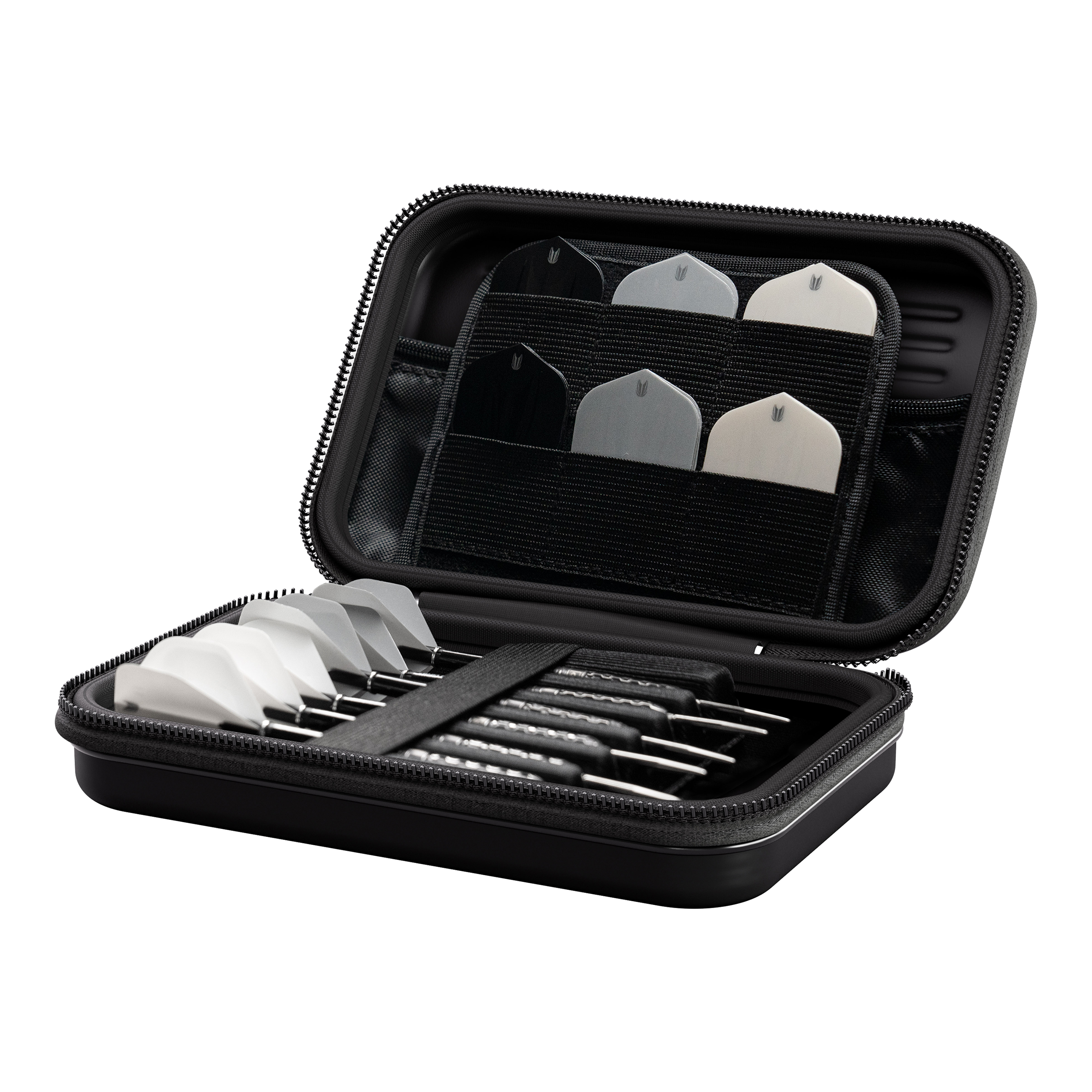 Custodia per freccette Takoma XL Ghost Series Luke Littler Das Bild zeigt das Produkt "Target Takoma Bolide XL Dartcase". In dem geöffneten Etui sind mehrere Dartpfeile und Ersatzflights ordentlich verstaut.