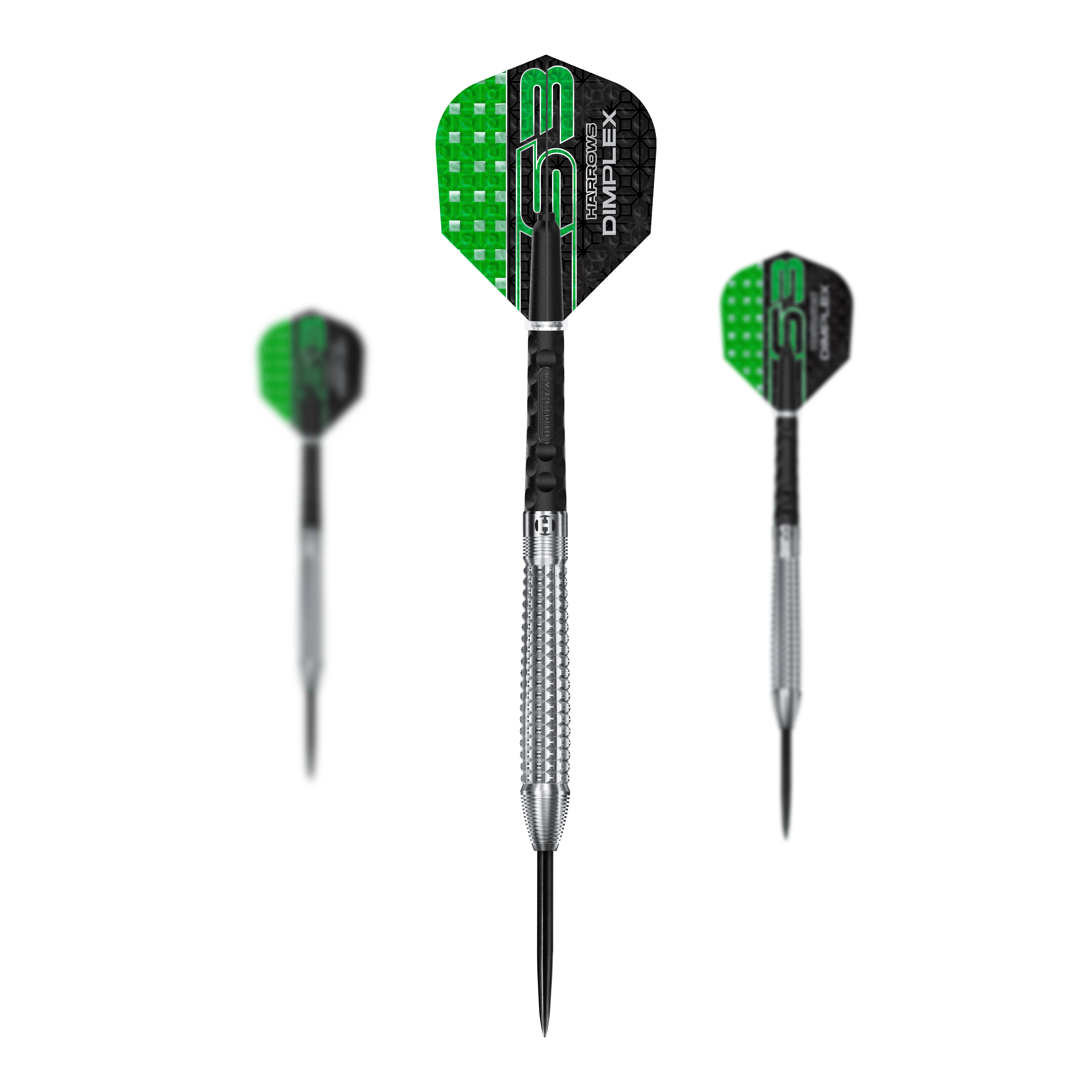 Freccette in acciaio conico Harrows Dimplex S3 Harrows Dimplex S3 Tapered Steeldarts sind als Set abgebildet. Die Oberfläche ist klar strukturiert.