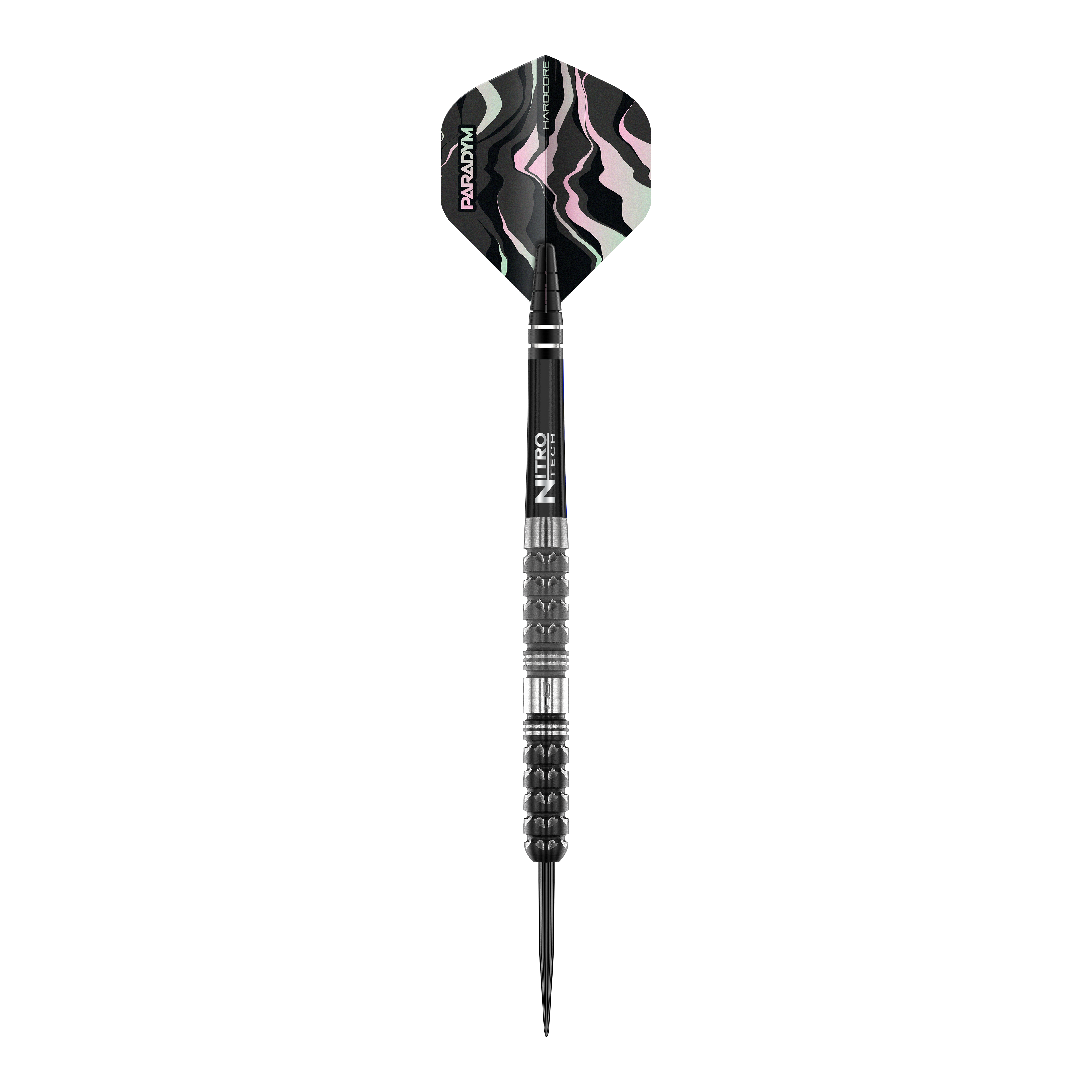 Freccette in acciaio coniche Paradym Red Dragon Das Bild zeigt einen Red Dragon Paradym Tapered Steeldart. Der Dart hat ein modernes, schwarzes Design mit markant gemusterter Flugfeder.