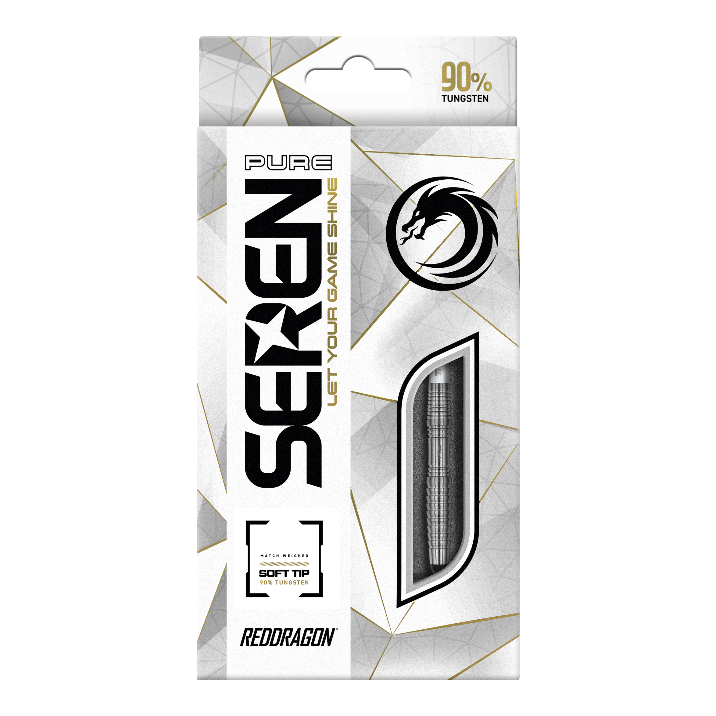 Red Dragon Seren 3 Pure Softdarts - 20 g Die Abbildung zeigt die Verpackung der "Red Dragon Seren 3 Pure Softdarts - 20g". Auf der Vorderseite steht, dass die Darts 90% Tungsten enthalten und für Soft-Tip geeignet sind.