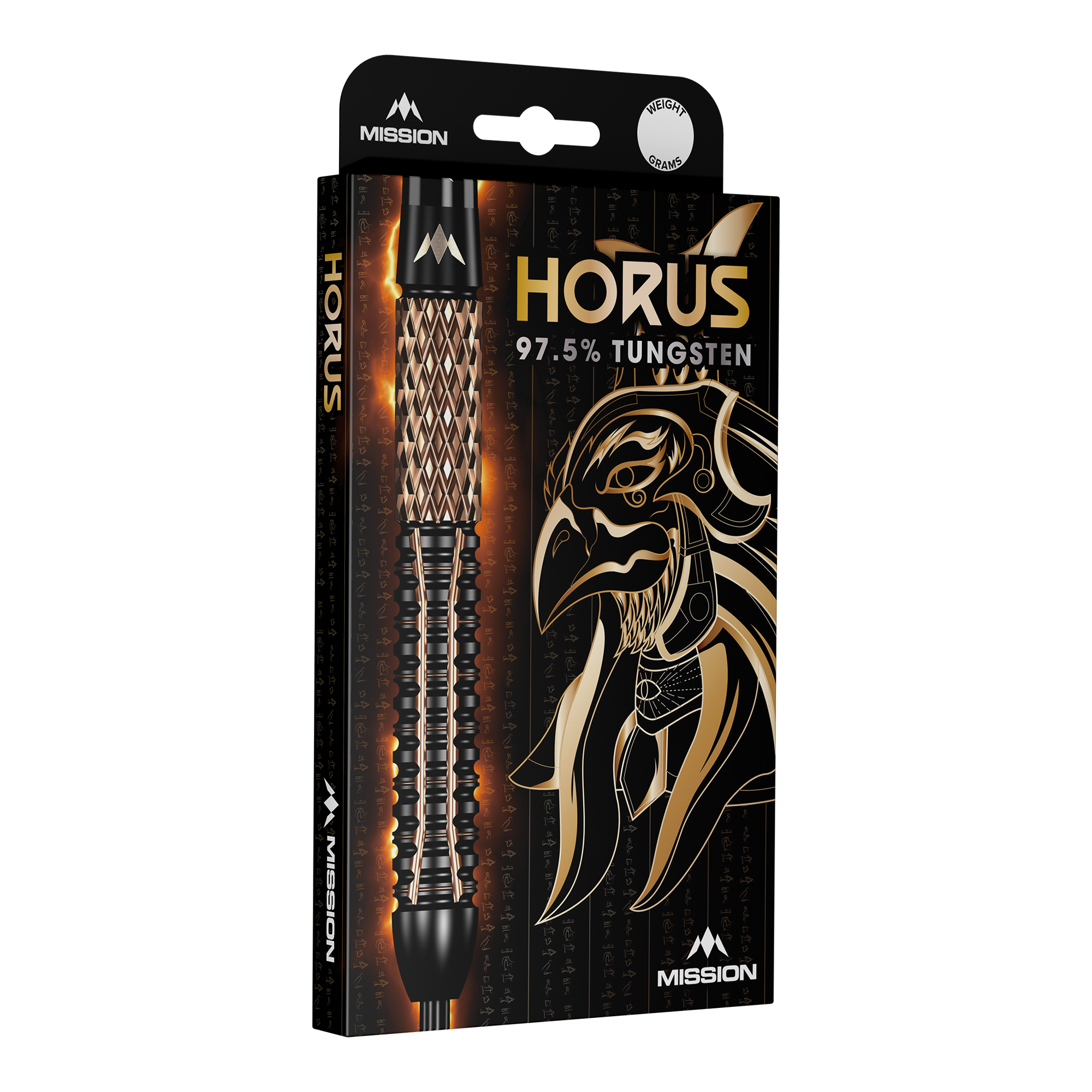 Missione Horus Steeldarts Die Verpackung zeigt die Mission Horus Steeldarts mit einem stilisierten Horus-Kopf im Hintergrund. Auf der Packung steht, dass die Darts aus 97,5 % Tungsten bestehen.