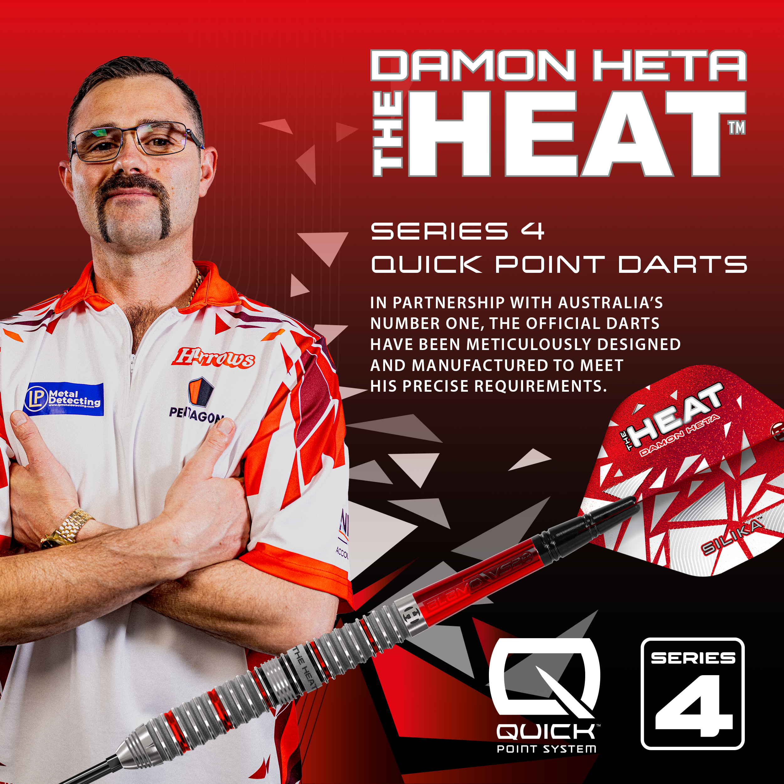 Freccette in acciaio Quick Point Damon Heta Series 4 di Harrow Hier sind die Harrows Damon Heta Series 4 Quick Point Steeldarts abgebildet. Die Darts sind auf weißem Hintergrund dargestellt.