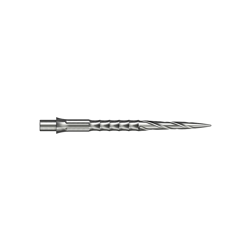 Punte per freccette in acciaio Caliburn System - Spiro - NoLip - argento Zwei silberne Steeldartspitzen werden gezeigt. Sie sind 32 mm lang und gehören zum Spiro NoLip Design.