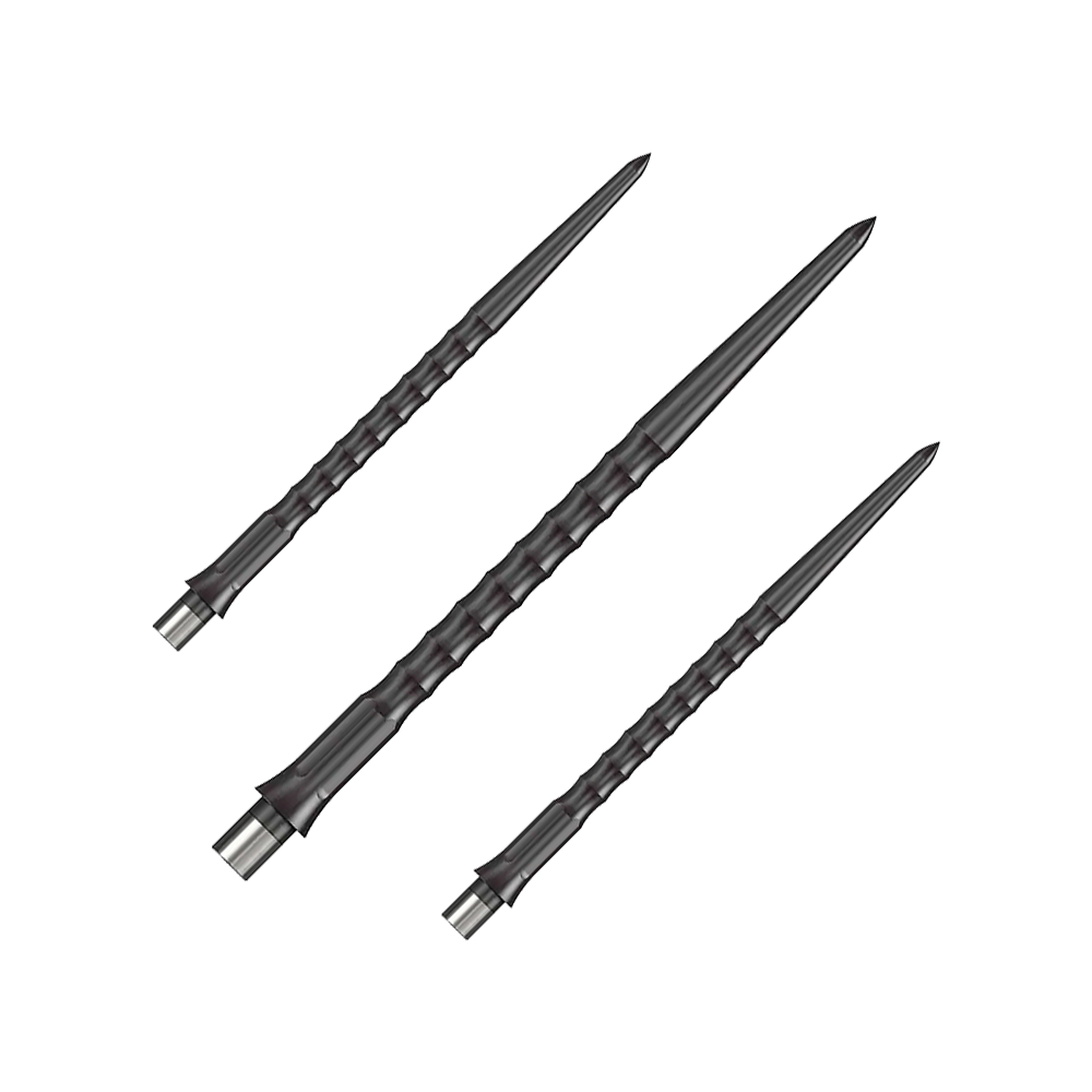 Punte Caliburn System Steeldart - Ripple - NoLip - Nere Das Foto zeigt ein Set schwarzer Caliburn Evo System Steeldartspitzen mit 40 mm Länge. Es sind mehrere Spitzen nebeneinander abgebildet.